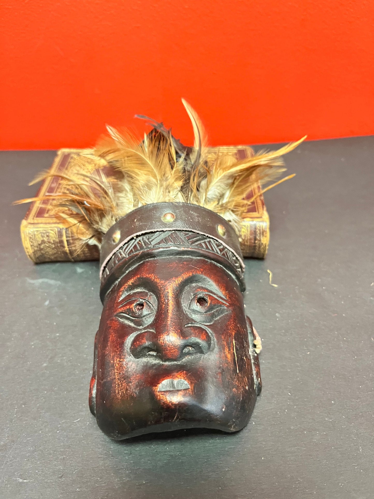 Crazy cool 10 inch high wood and peacock feather South Pacific island mask 10 inches tall