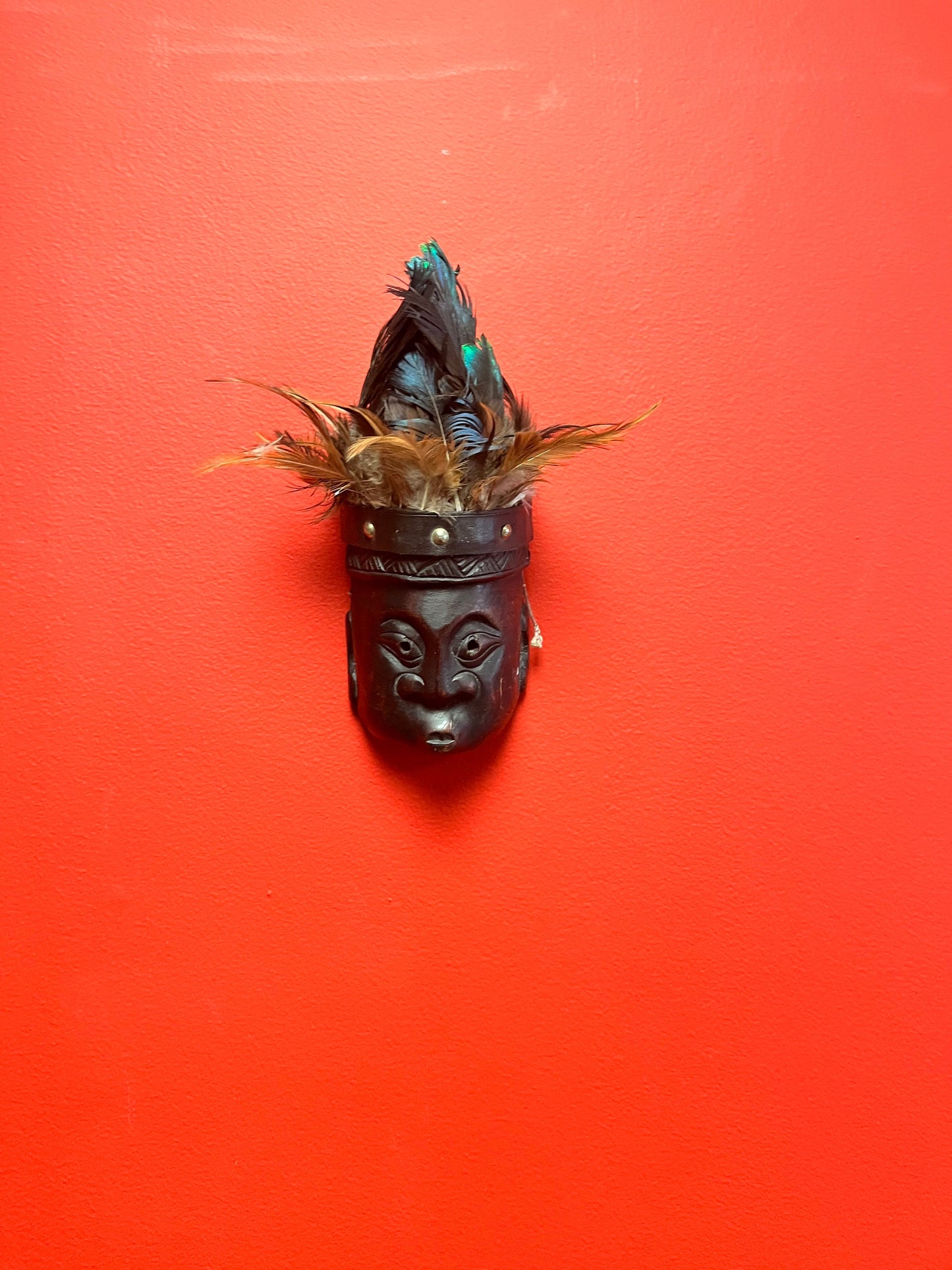 Crazy cool 10 inch high wood and peacock feather South Pacific island mask 10 inches tall