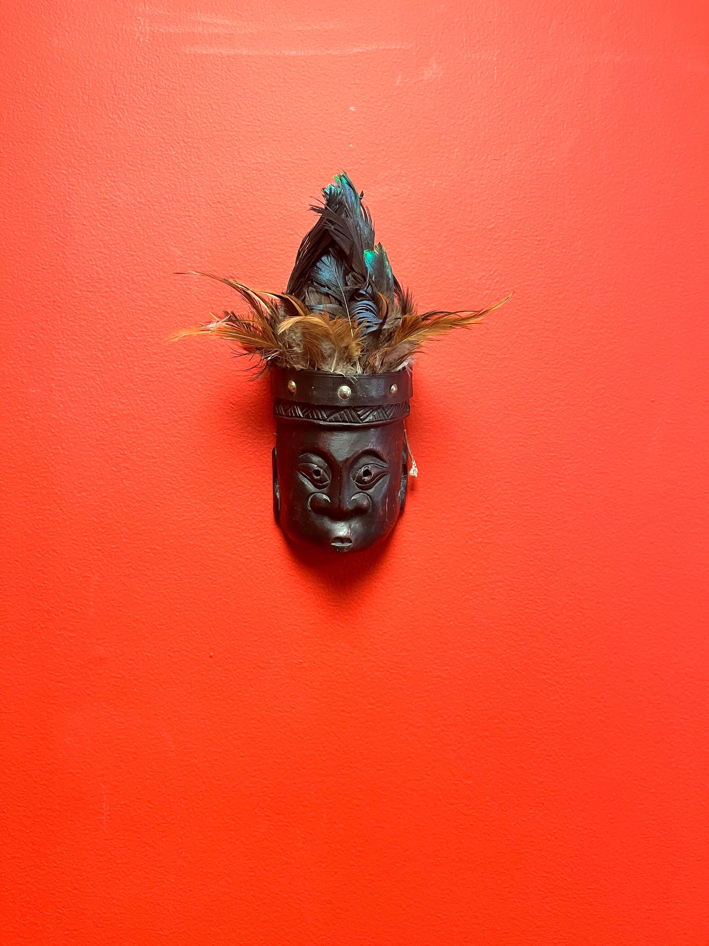 Crazy cool 10 inch high wood and peacock feather South Pacific island mask 10 inches tall