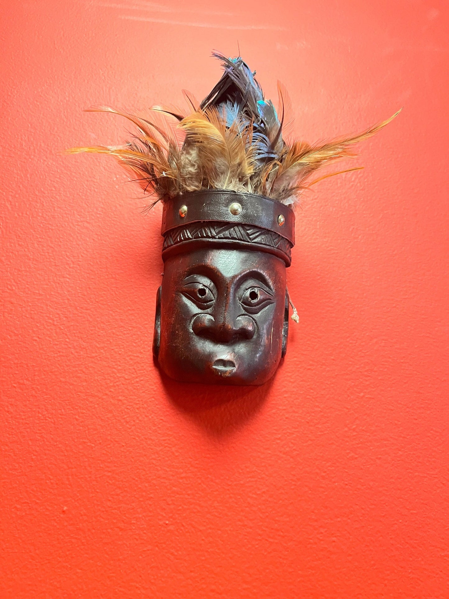 Crazy cool 10 inch high wood and peacock feather South Pacific island mask 10 inches tall
