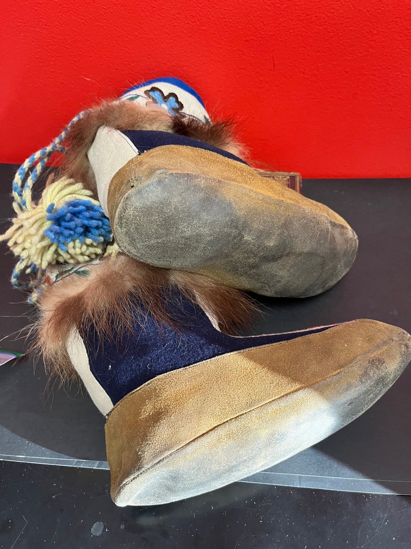 Fabulous indigenous 10 x 9 high authentic antique felt fur and leather moccasin boots great condition