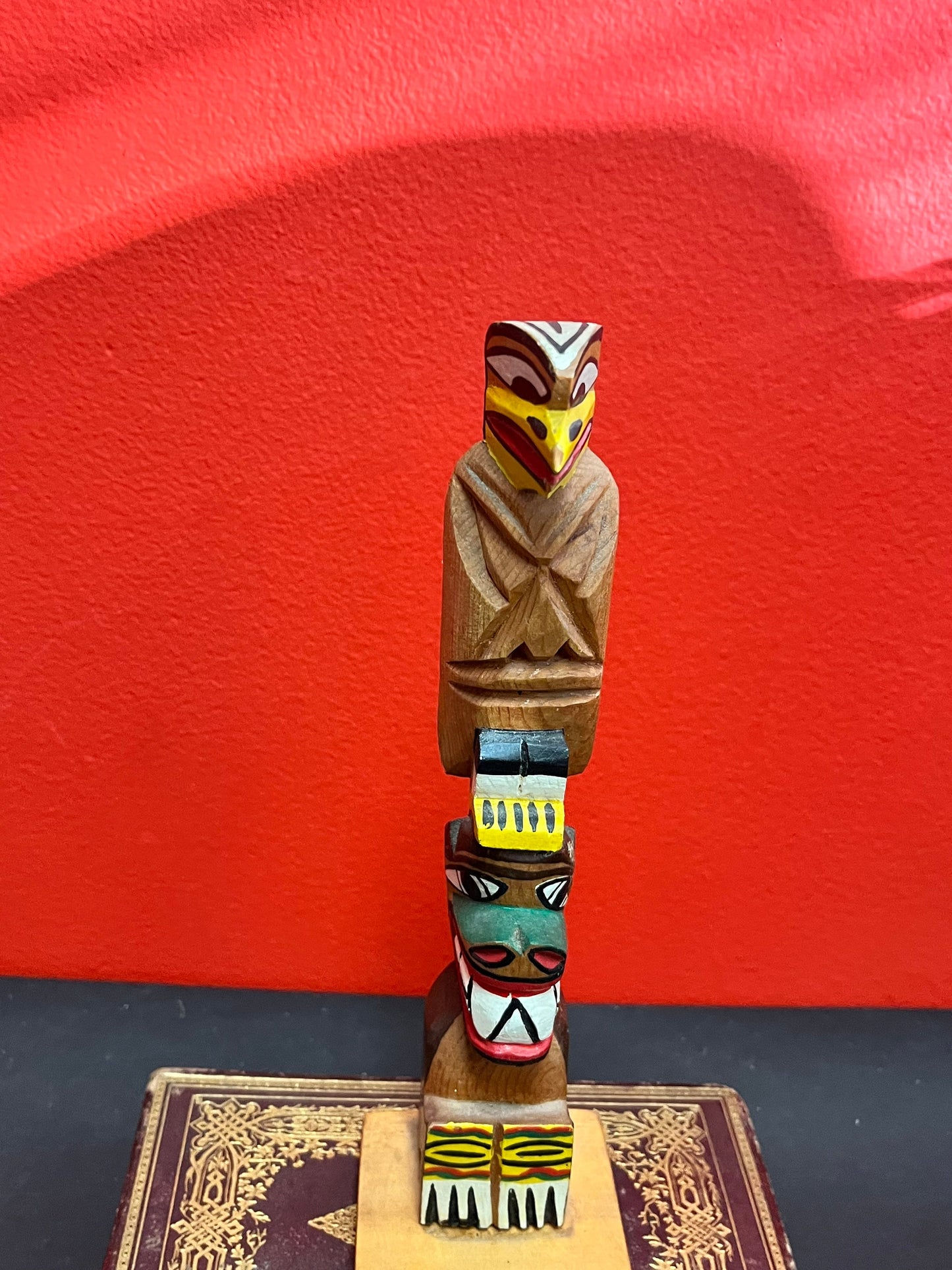 Antique folk art 9 x 3.5 inch indigenous first nations pacific northwest coast eagle bear transformation totem pole