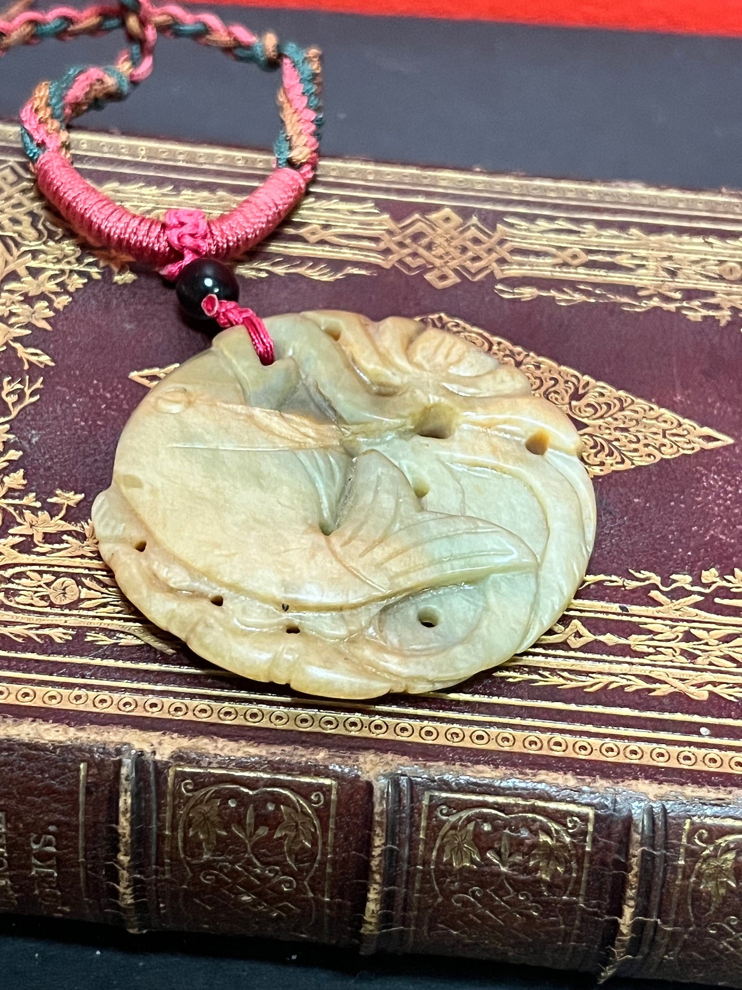 Fabulous old Chinese Jade 2 1/2 inch pendant depicting Koi fishes 24 inch Chinese necklace attached lovely gift