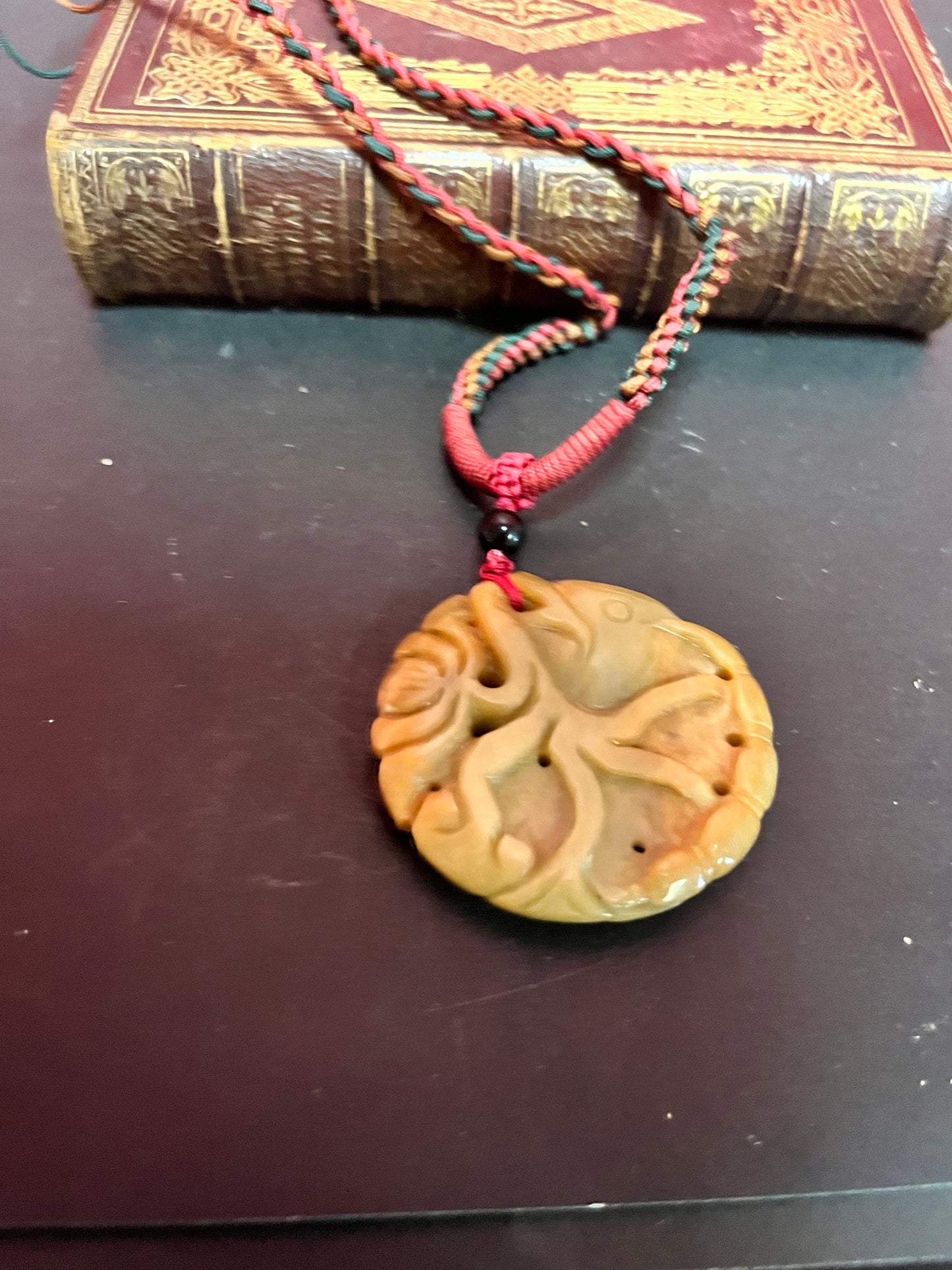 Fabulous old Chinese Jade 2 1/2 inch pendant depicting Koi fishes 24 inch Chinese necklace attached lovely gift