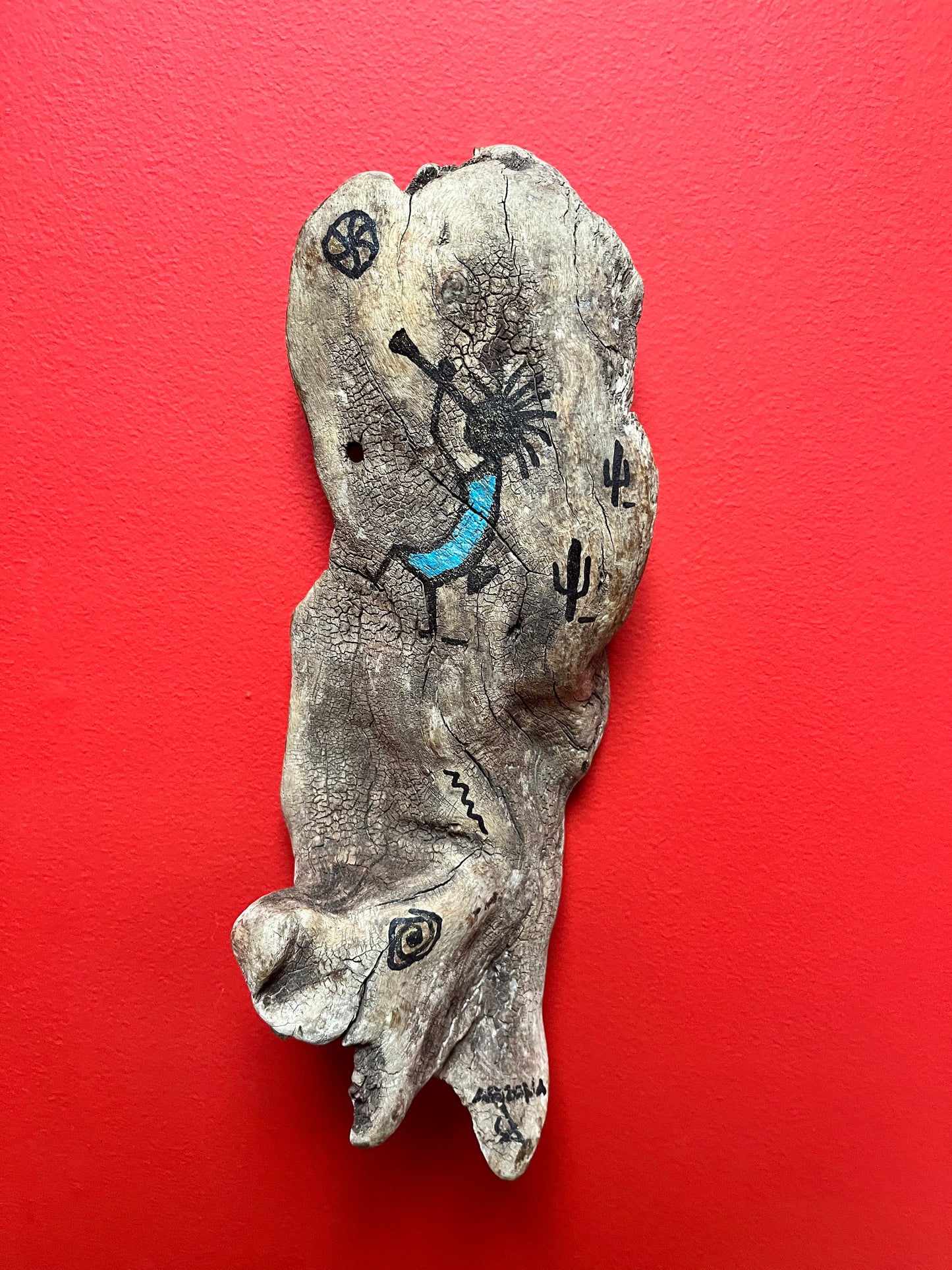 Unusual and rare signed Arizona Navajo, painted Driftwood sculpture wall hanging 13 x 5 estate piece wow