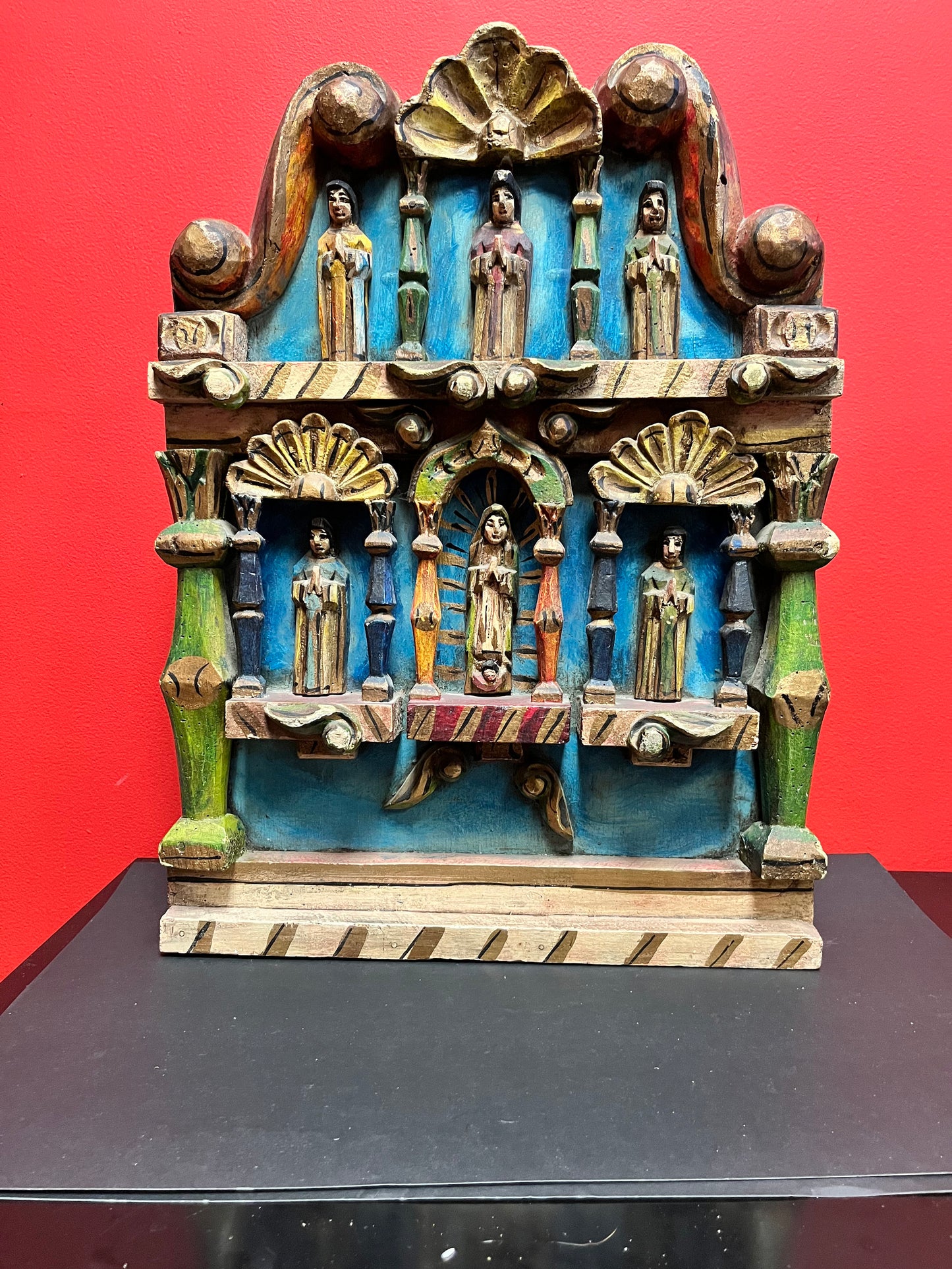 Stunning south American museum quality antique super old religious shrine or wall hanging 22 x 15 x 3- wonderful polychrome piece