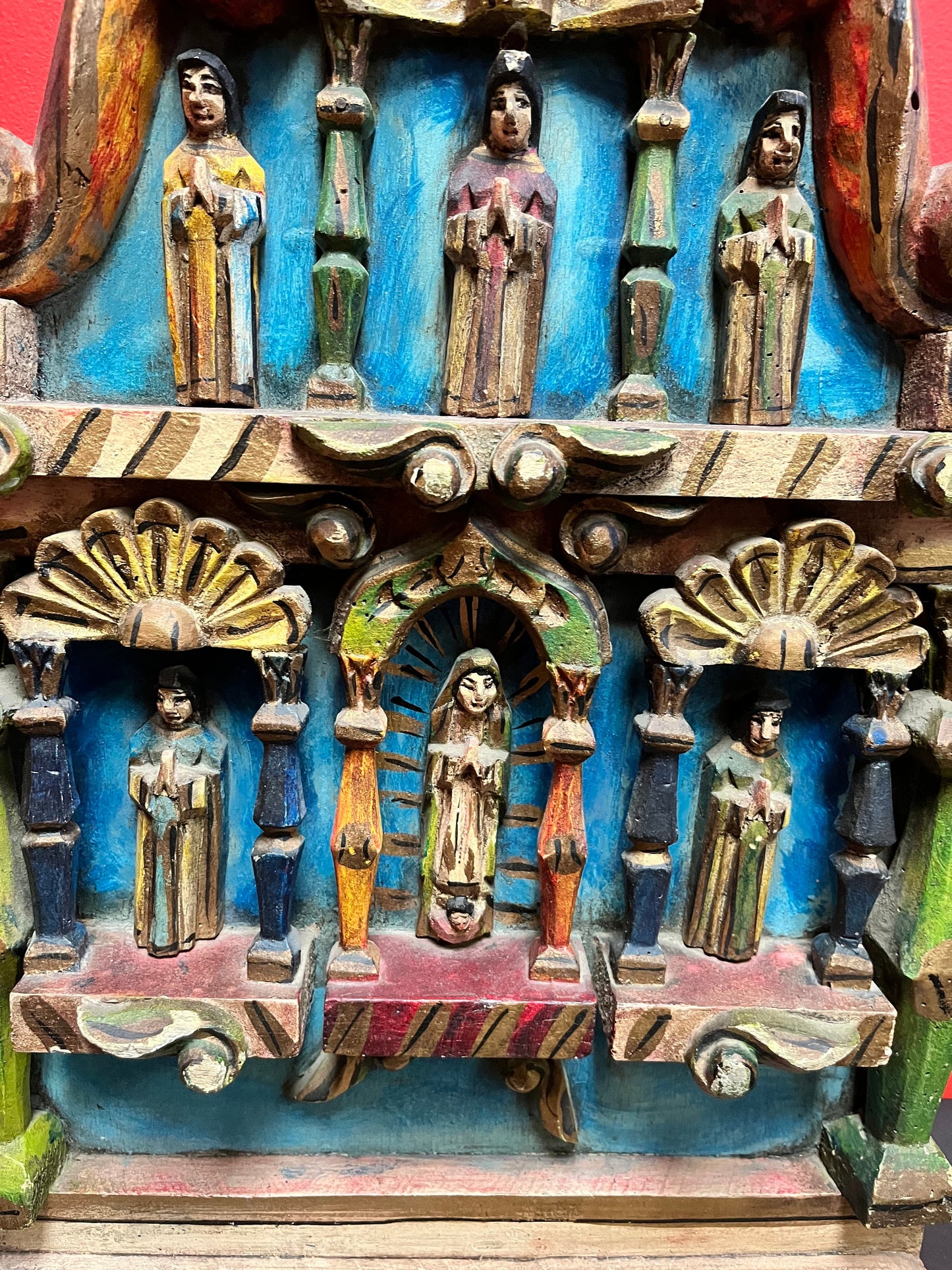 Stunning south American museum quality antique super old religious shrine or wall hanging 22 x 15 x 3- wonderful polychrome piece