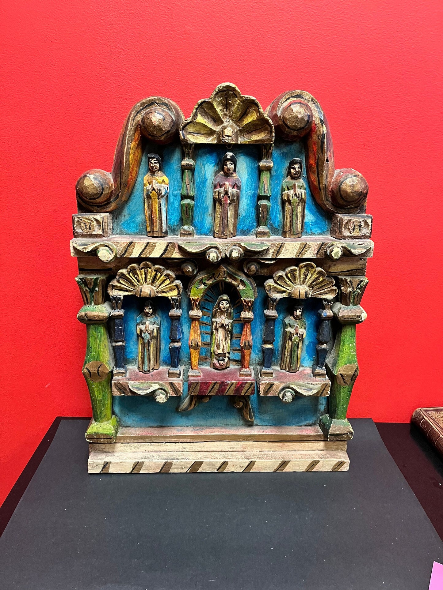 Stunning south American museum quality antique super old religious shrine or wall hanging 22 x 15 x 3- wonderful polychrome piece