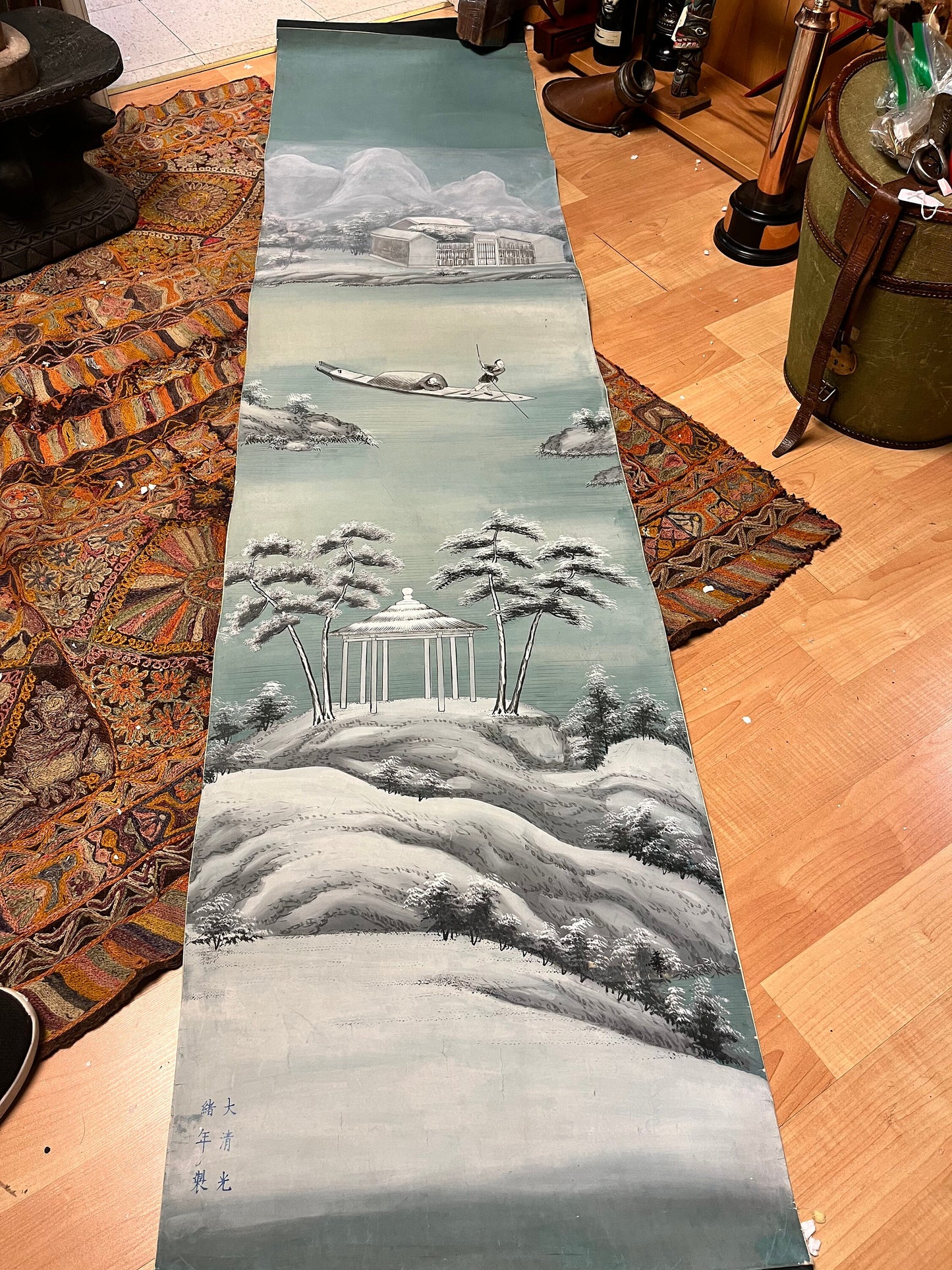 90 x 20 antique signed Chinese painted scroll