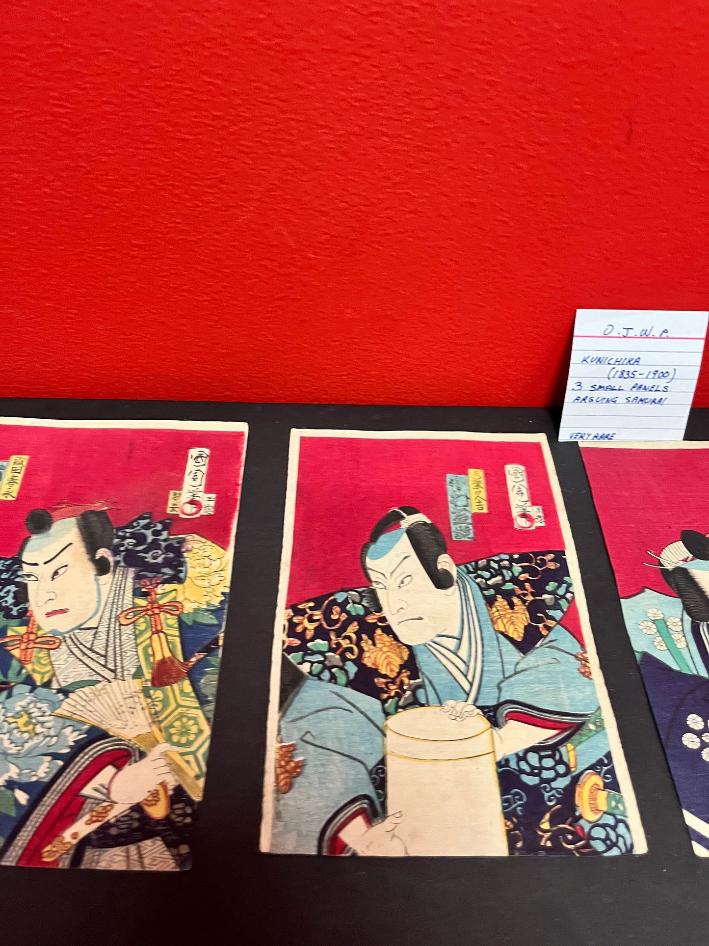Utagawa kunichika 1835 - 1900 silk panels 3 arguing samurai - each approximate 8 by 4 inches rare set