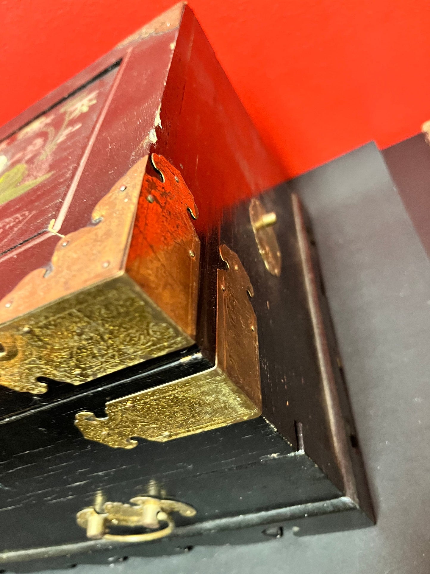 A 15 x 9 x 7 high lodge, Japanese wood brass and hard-stone Jewelry box with velvet lining