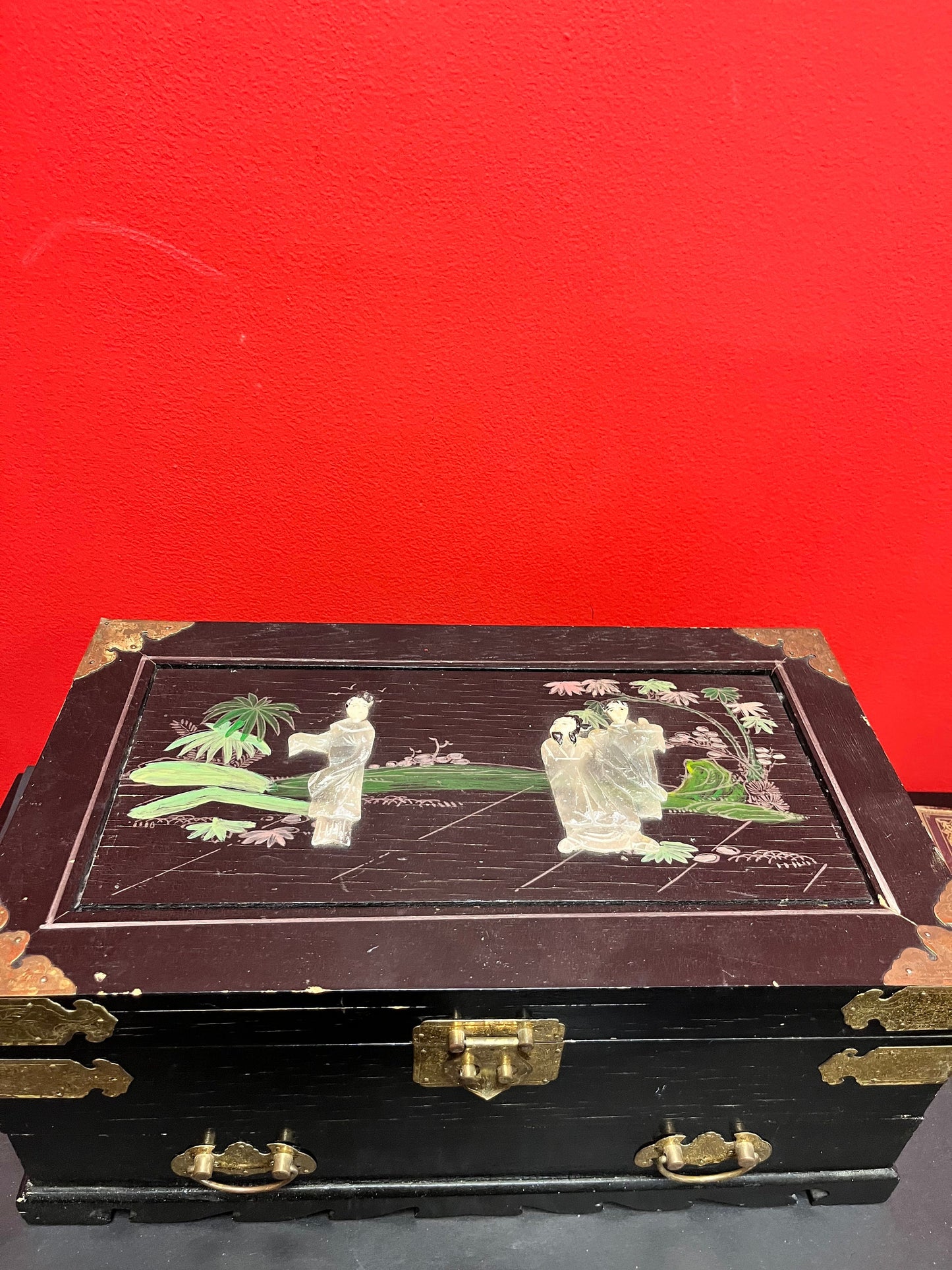 A 15 x 9 x 7 high lodge, Japanese wood brass and hard-stone Jewelry box with velvet lining