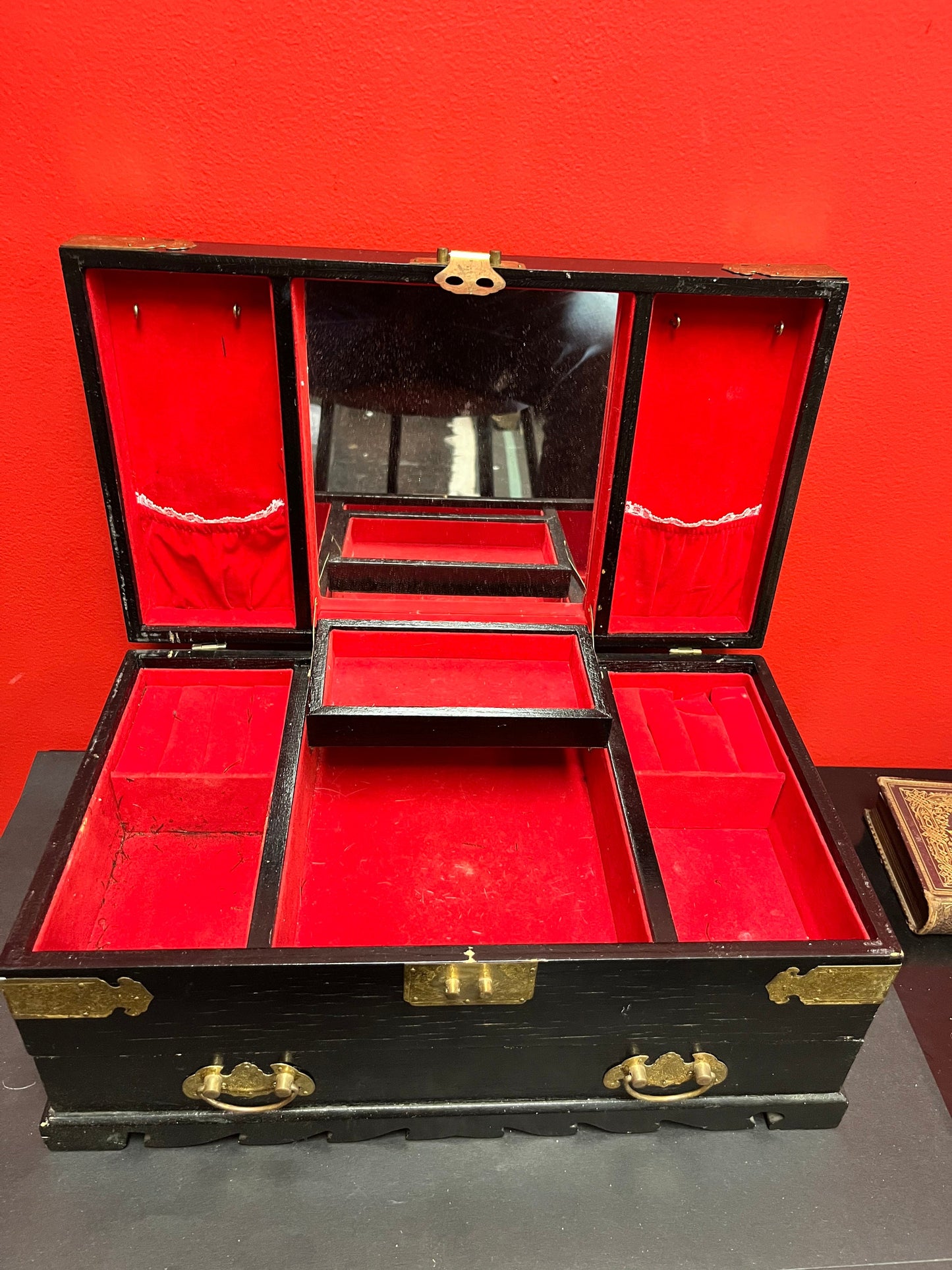 A 15 x 9 x 7 high lodge, Japanese wood brass and hard-stone Jewelry box with velvet lining