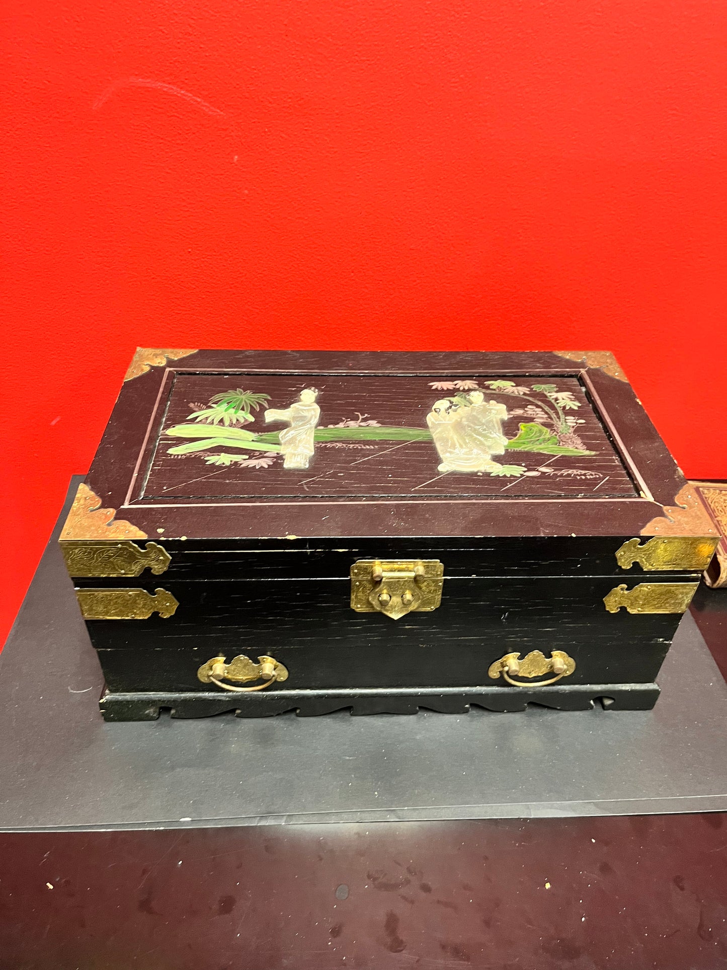 A 15 x 9 x 7 high lodge, Japanese wood brass and hard-stone Jewelry box with velvet lining