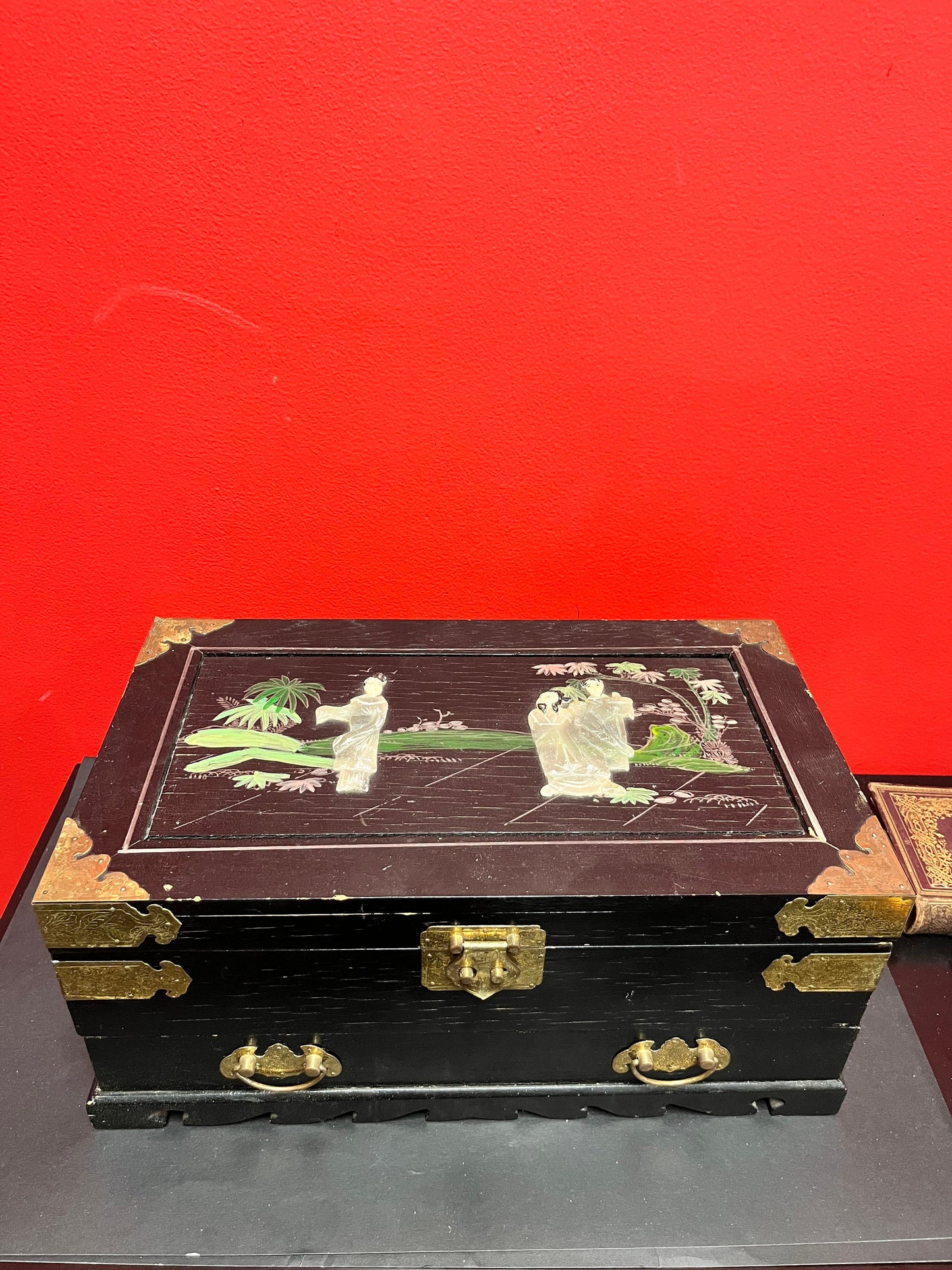 A 15 x 9 x 7 high lodge, Japanese wood brass and hard-stone Jewelry box with velvet lining