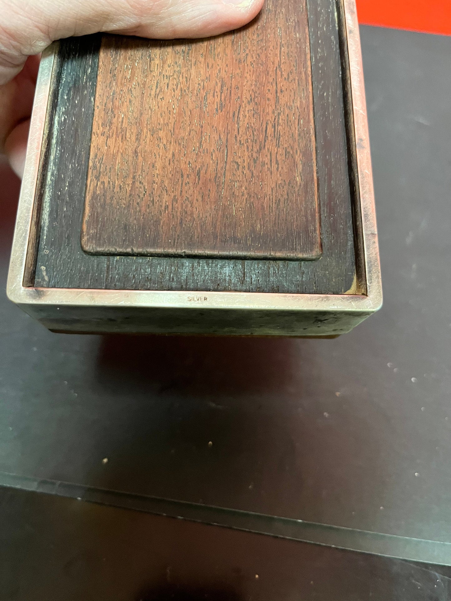 5 x 4 x 1 1/2 high magnificent Japanese Sterling silver and rosewood box inscribed inside the lid and stamped Sterling wow