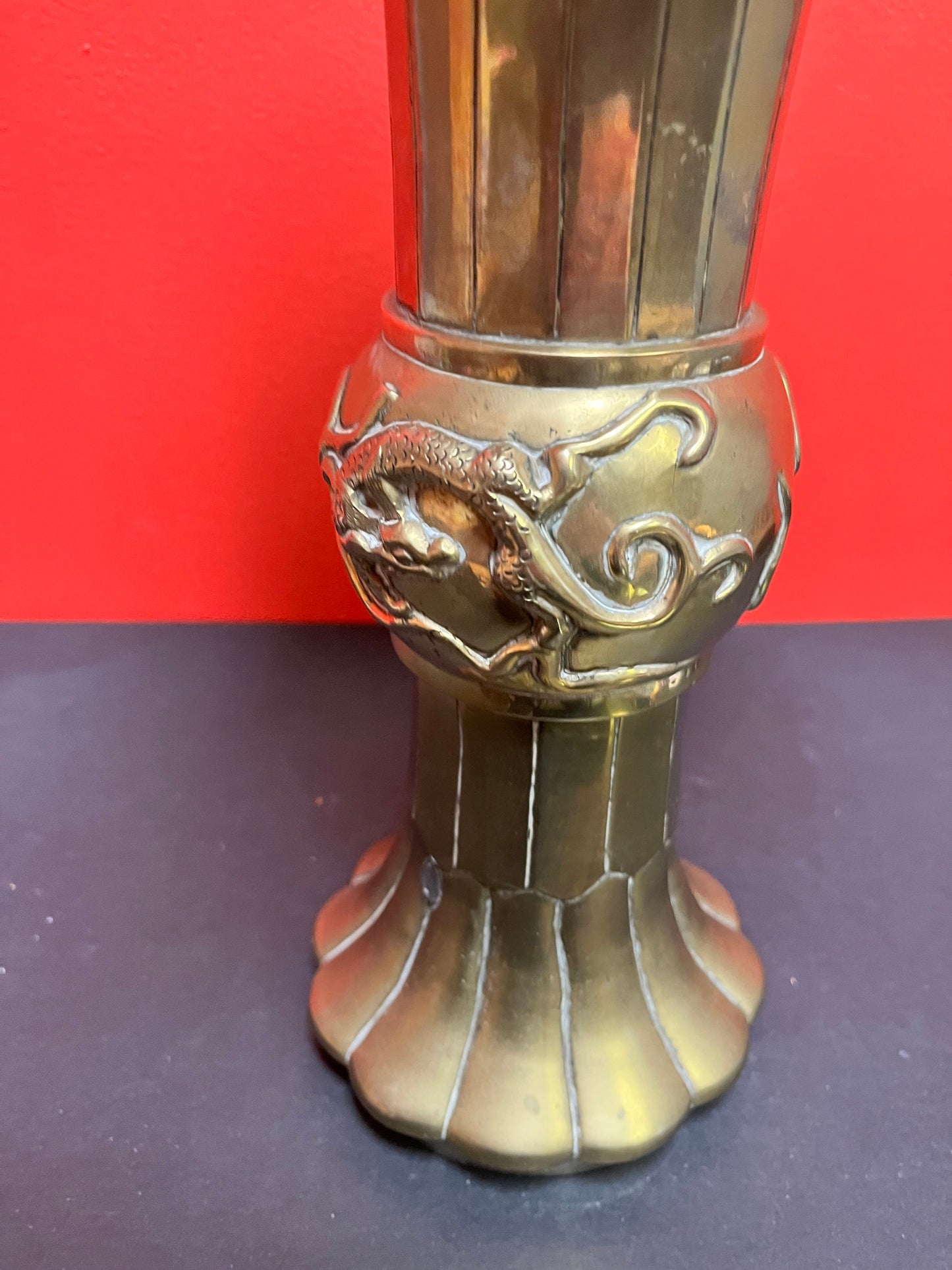 Fabulous antique Chinese 13 x 8 wide, heavy brass vase with lovely dragon motif