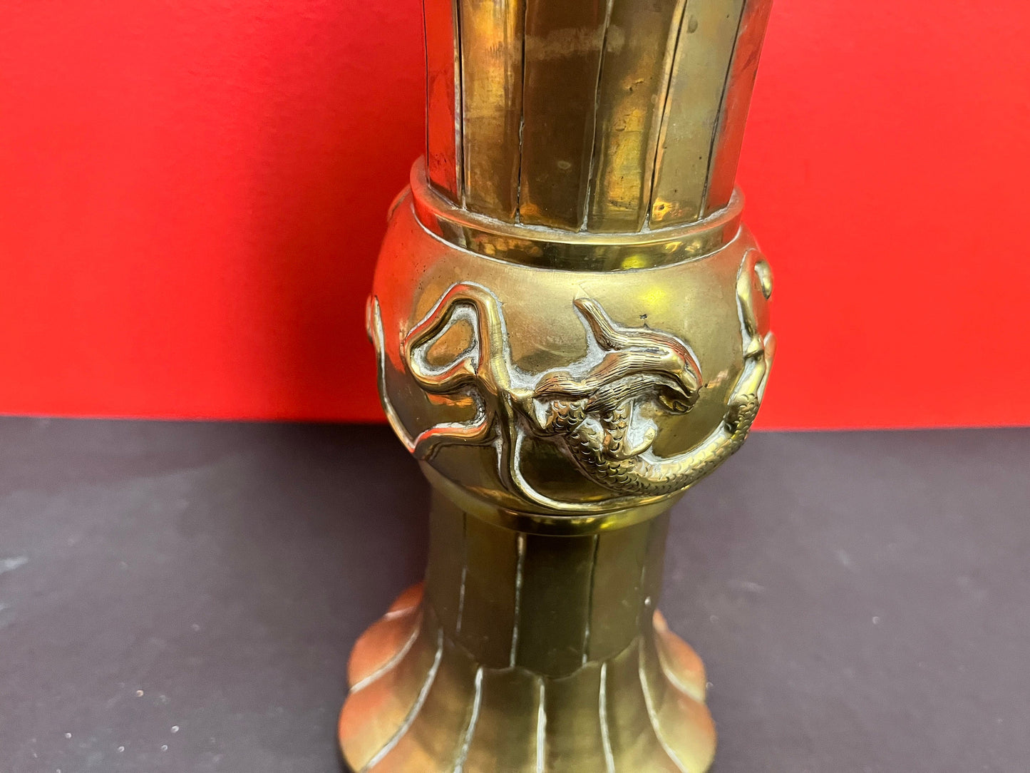 Fabulous antique Chinese 13 x 8 wide, heavy brass vase with lovely dragon motif
