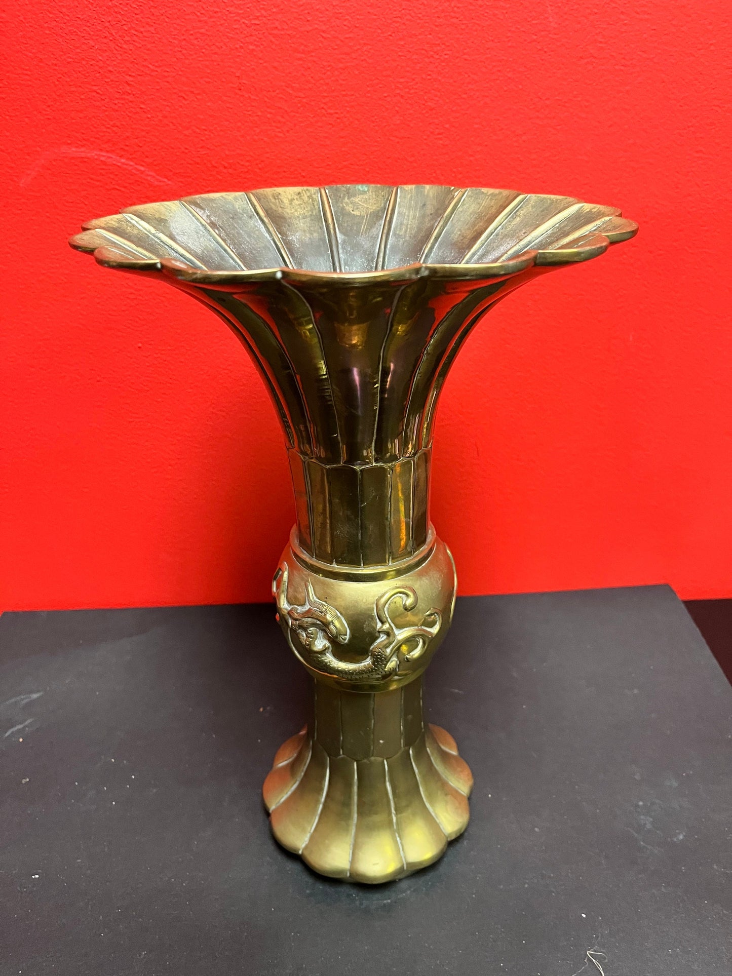 Fabulous antique Chinese 13 x 8 wide, heavy brass vase with lovely dragon motif