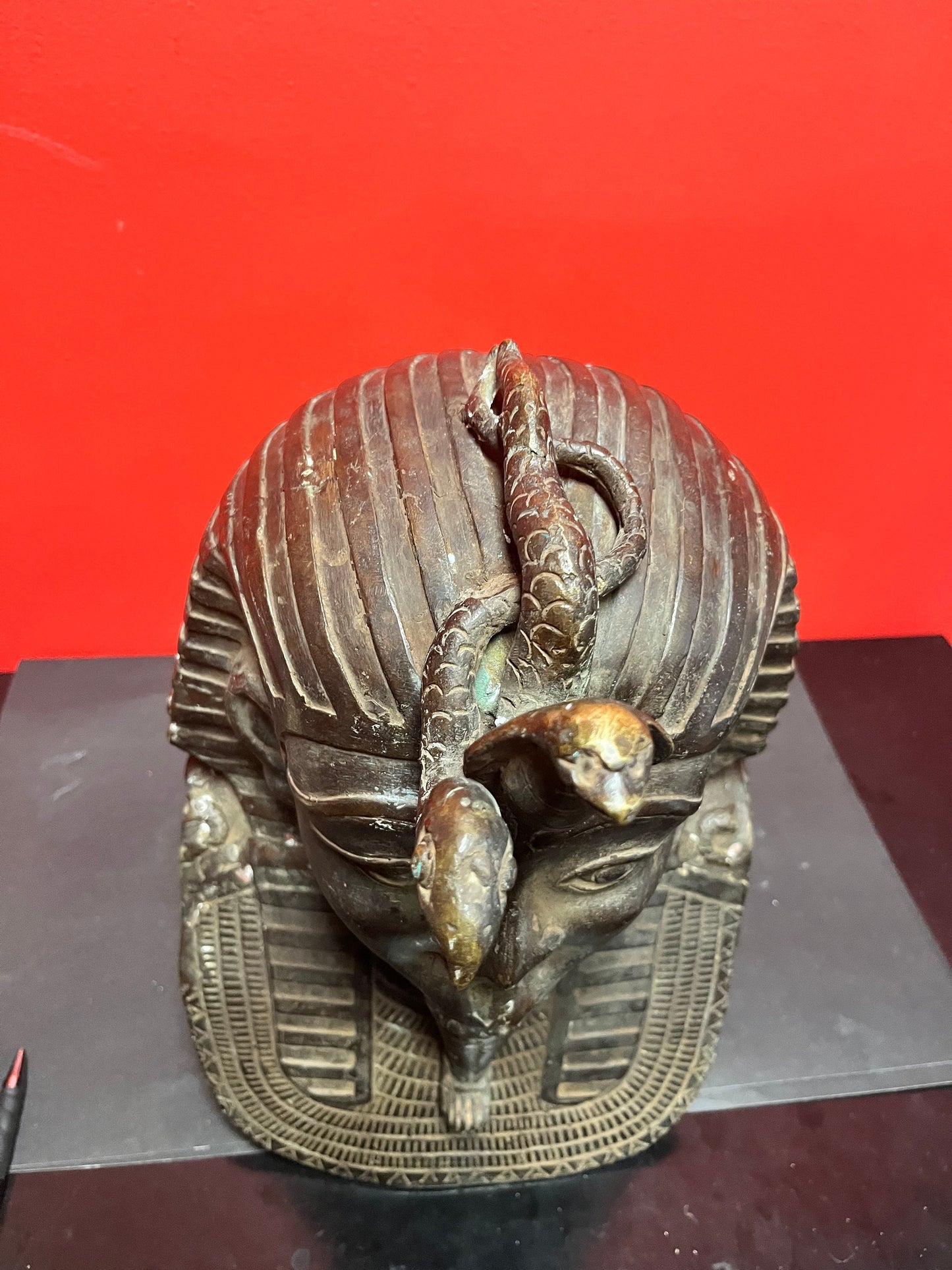 Massive early 19 century or earlier bronze 14 x 10 inch wide Egyptian helmet in the form of a Spinx with snakes coming out of the temple