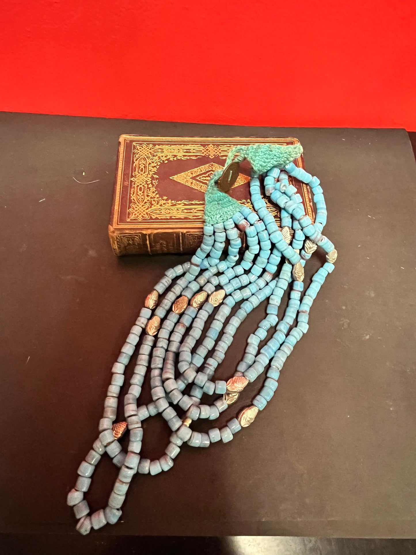 1940s Indian glass bead and silver and coin five Strand necklace, approximately 14 inches long when closed wonderful quality