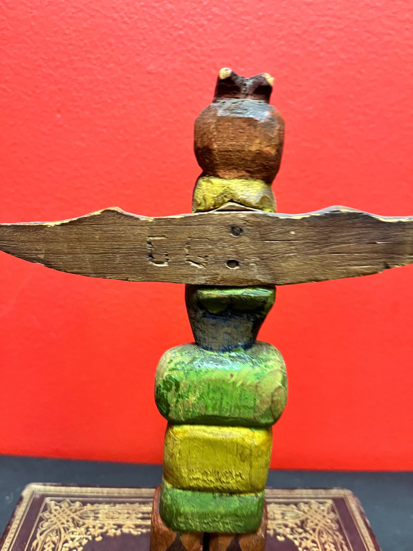 Fabulous antique 7 1/2 x 6 wide indigenous first nations pacific northwest coast polychrome totem  super old and rare  signed