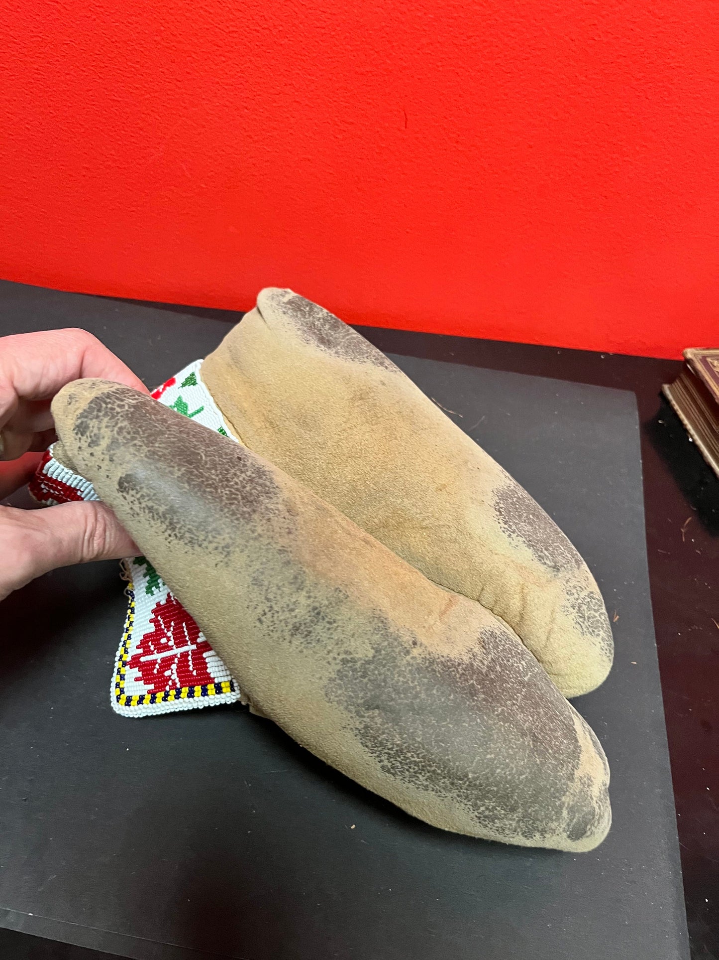 11 x 4 x 6 high fabulous antique indigenous, first Nations, Pacific Northwest coast, leather and heavily beaded moccasins some as is