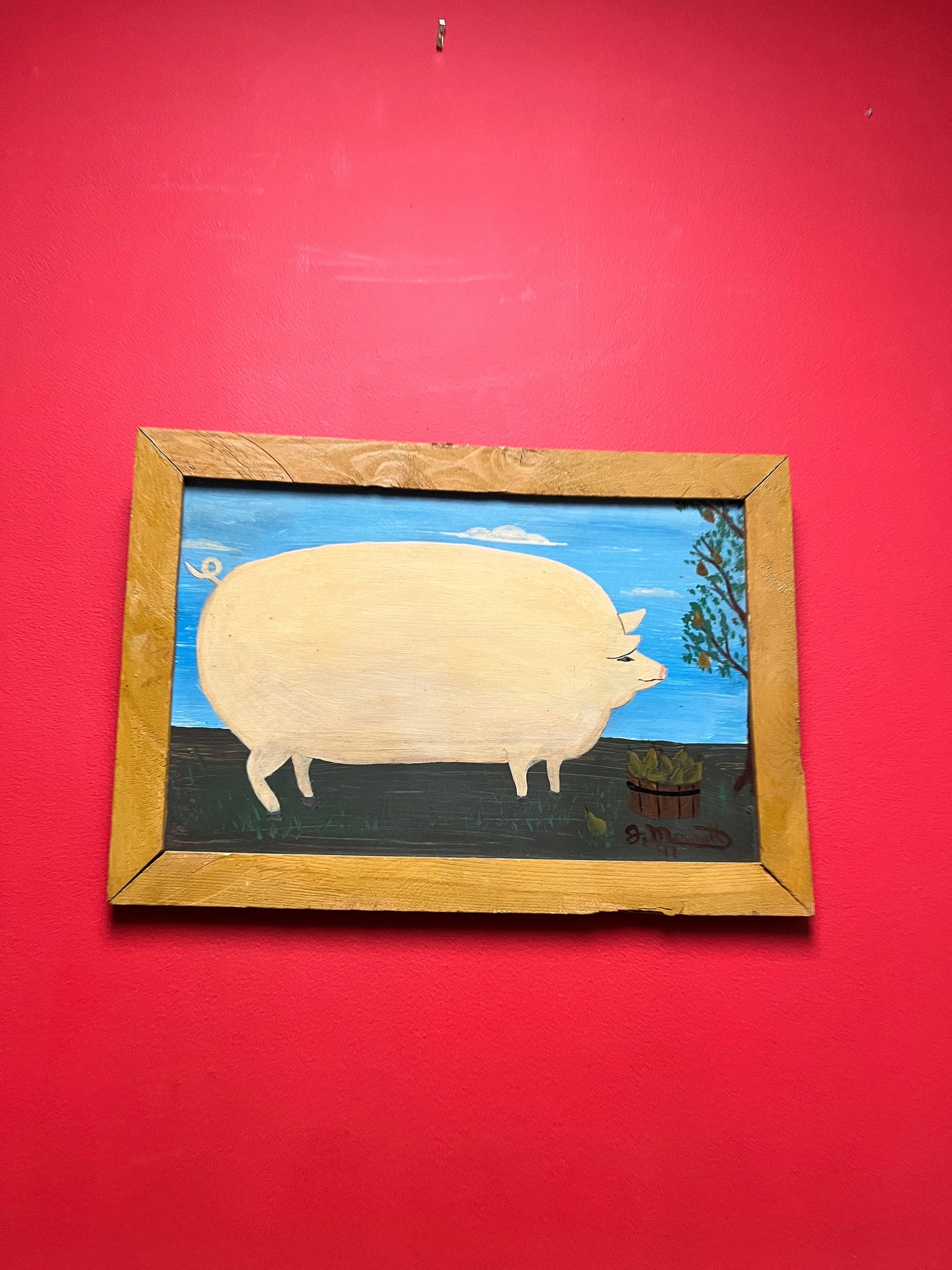 20 x 14 high late 20th century West Coast Canadian signed folk art piggy painting on board farm cool