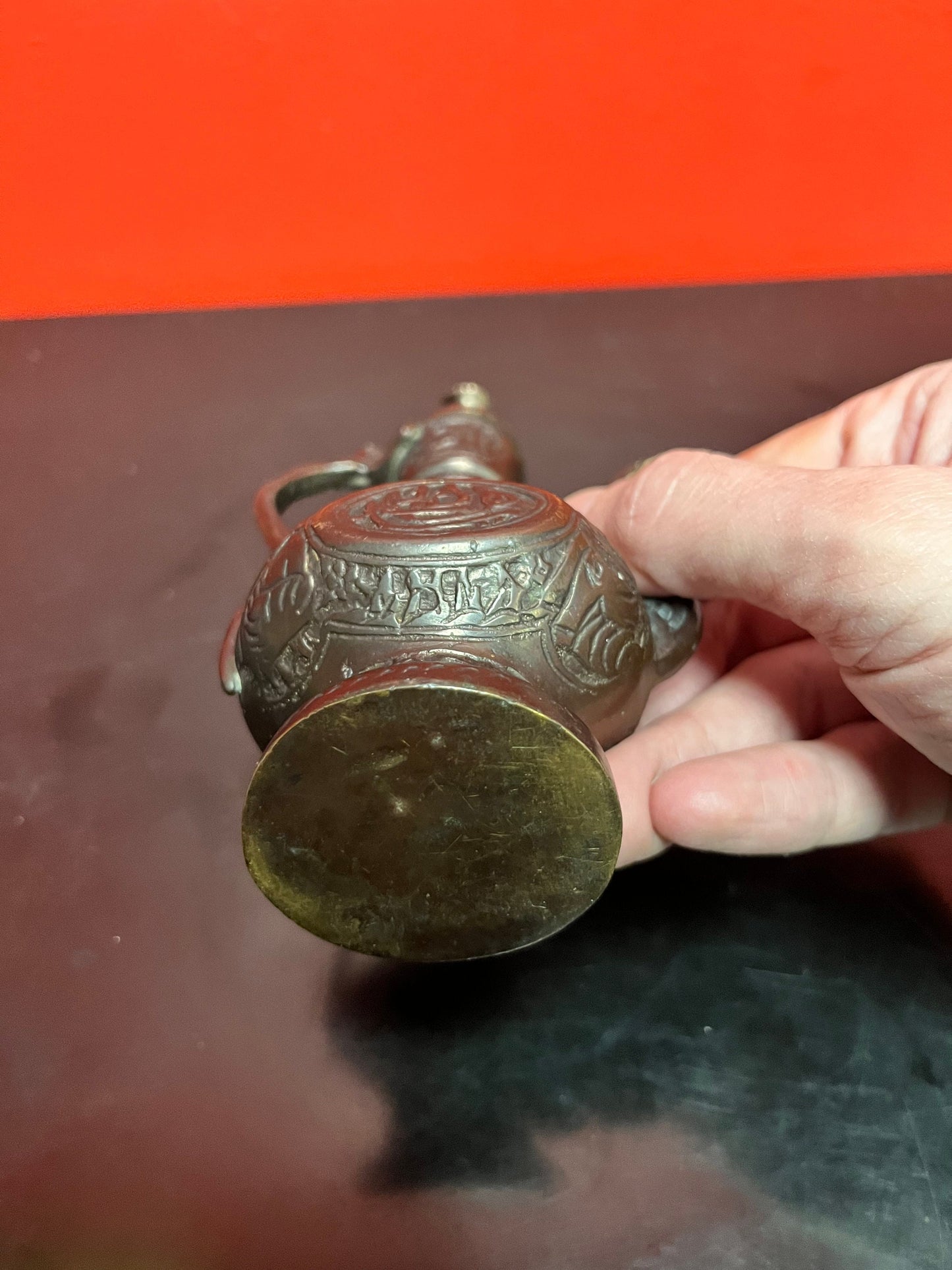 Middle eastern stunning, 7 inch bronze, well detailed ewer really lovely, piece and heavy
