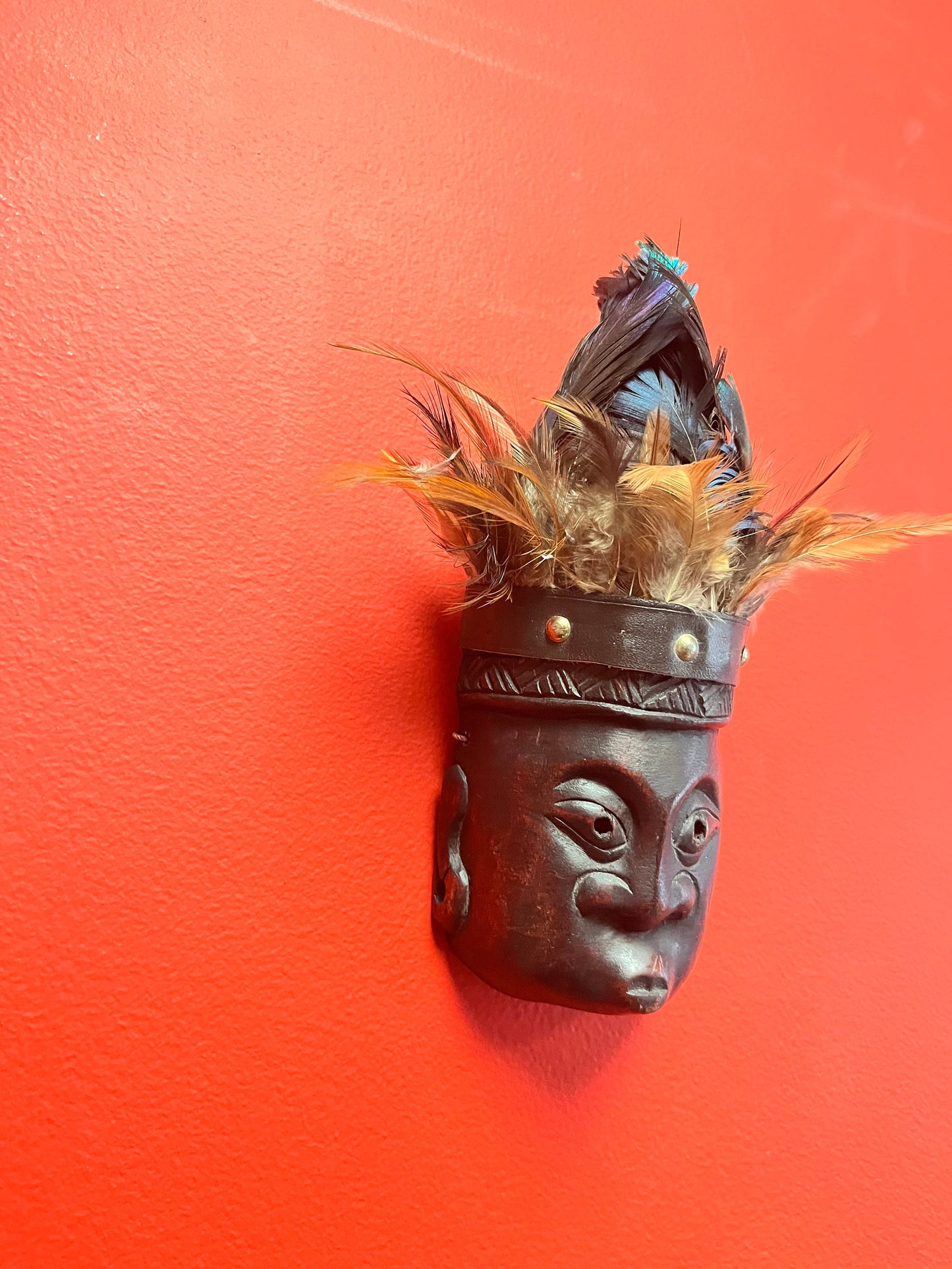 Crazy cool 10 inch high wood and peacock feather South Pacific island mask 10 inches tall