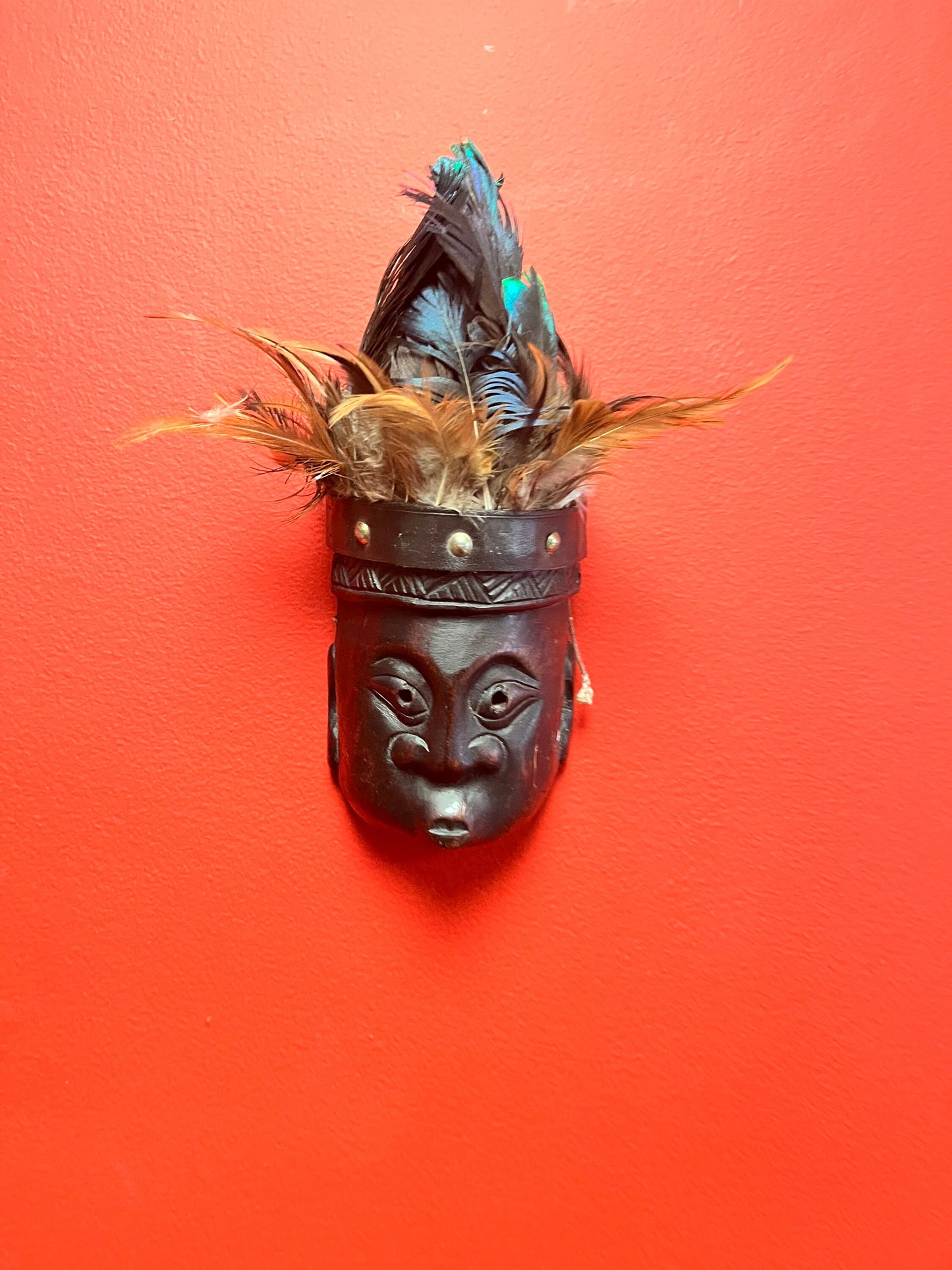 Crazy cool 10 inch high wood and peacock feather South Pacific island mask 10 inches tall