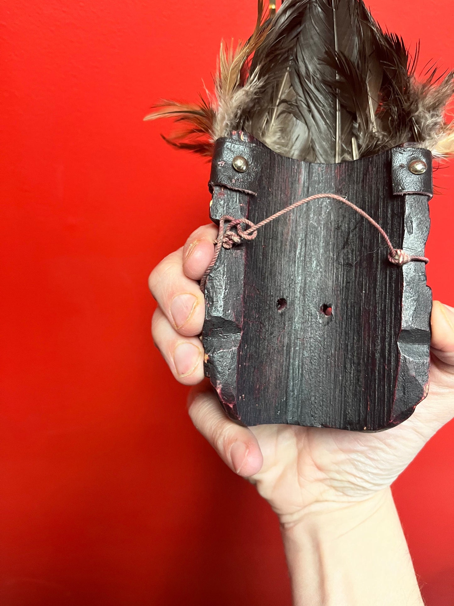 Crazy cool 10 inch high wood and peacock feather South Pacific island mask 10 inches tall