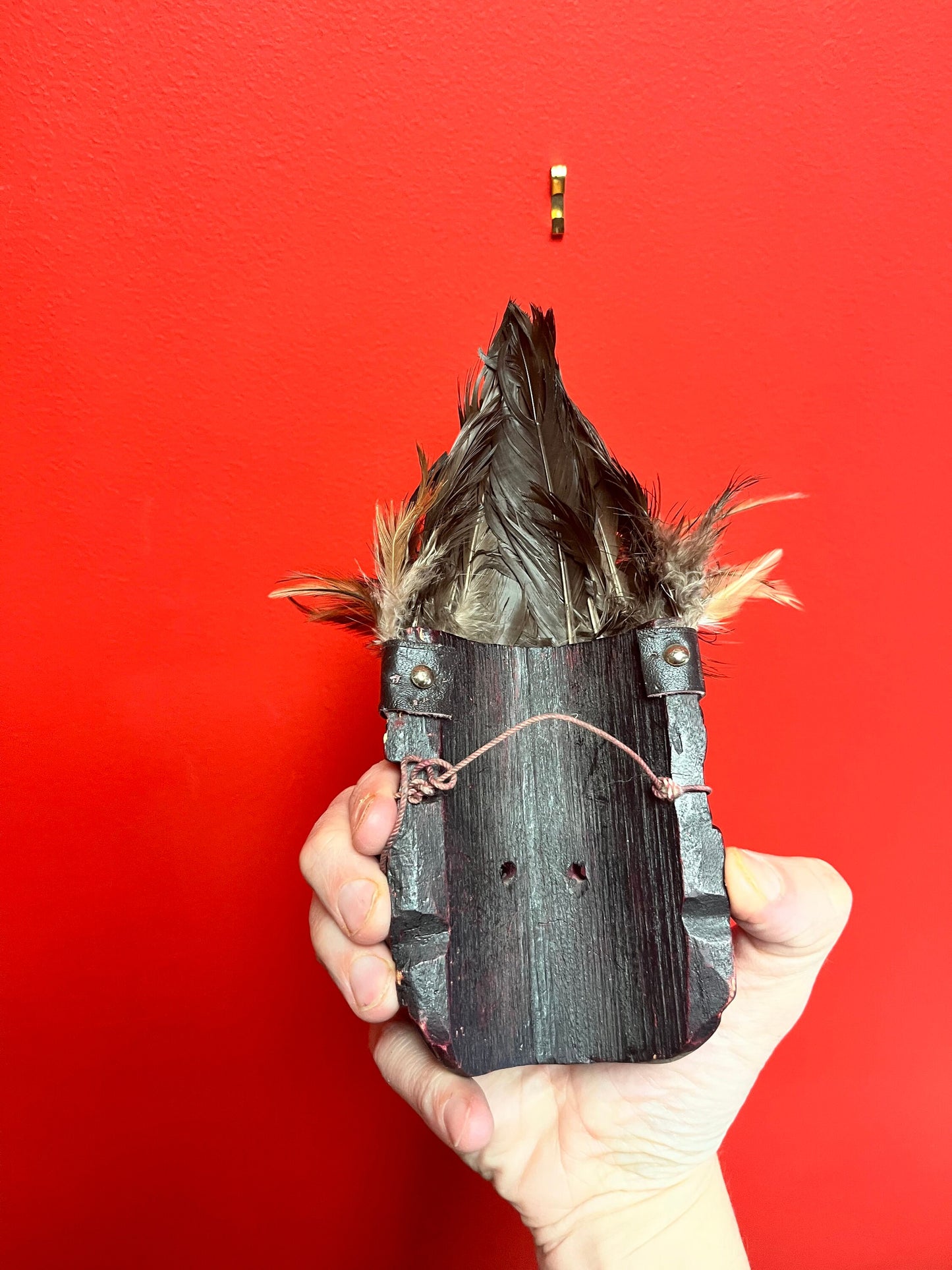 Crazy cool 10 inch high wood and peacock feather South Pacific island mask 10 inches tall