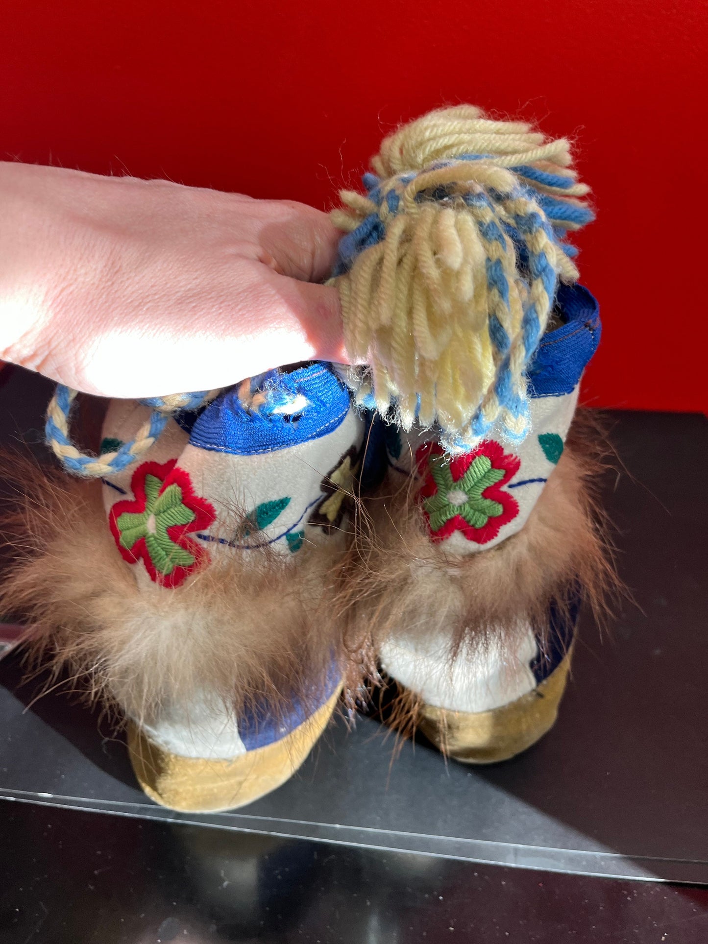 Fabulous indigenous 10 x 9 high authentic antique felt fur and leather moccasin boots great condition