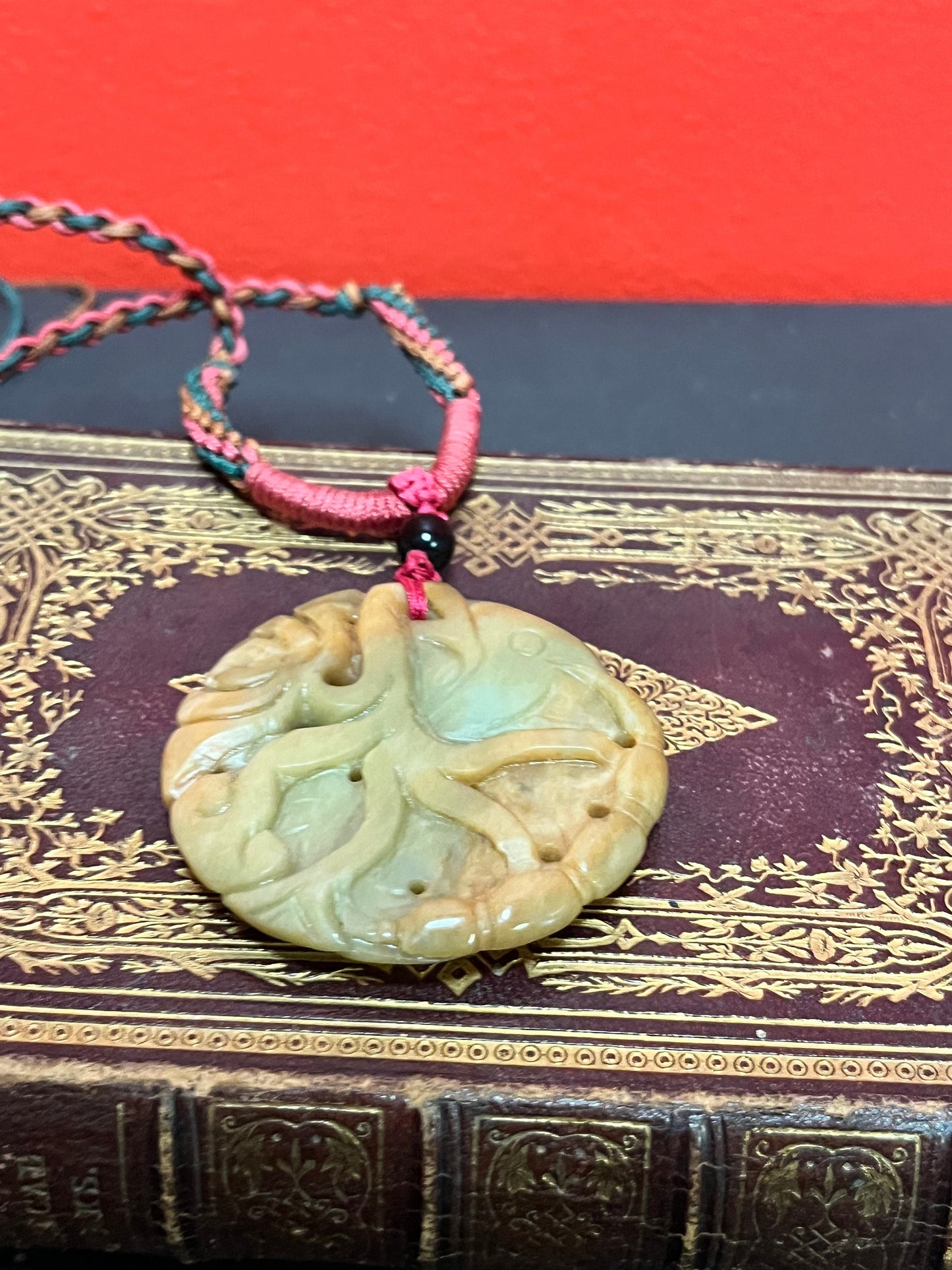 Fabulous old Chinese Jade 2 1/2 inch pendant depicting Koi fishes 24 inch Chinese necklace attached lovely gift