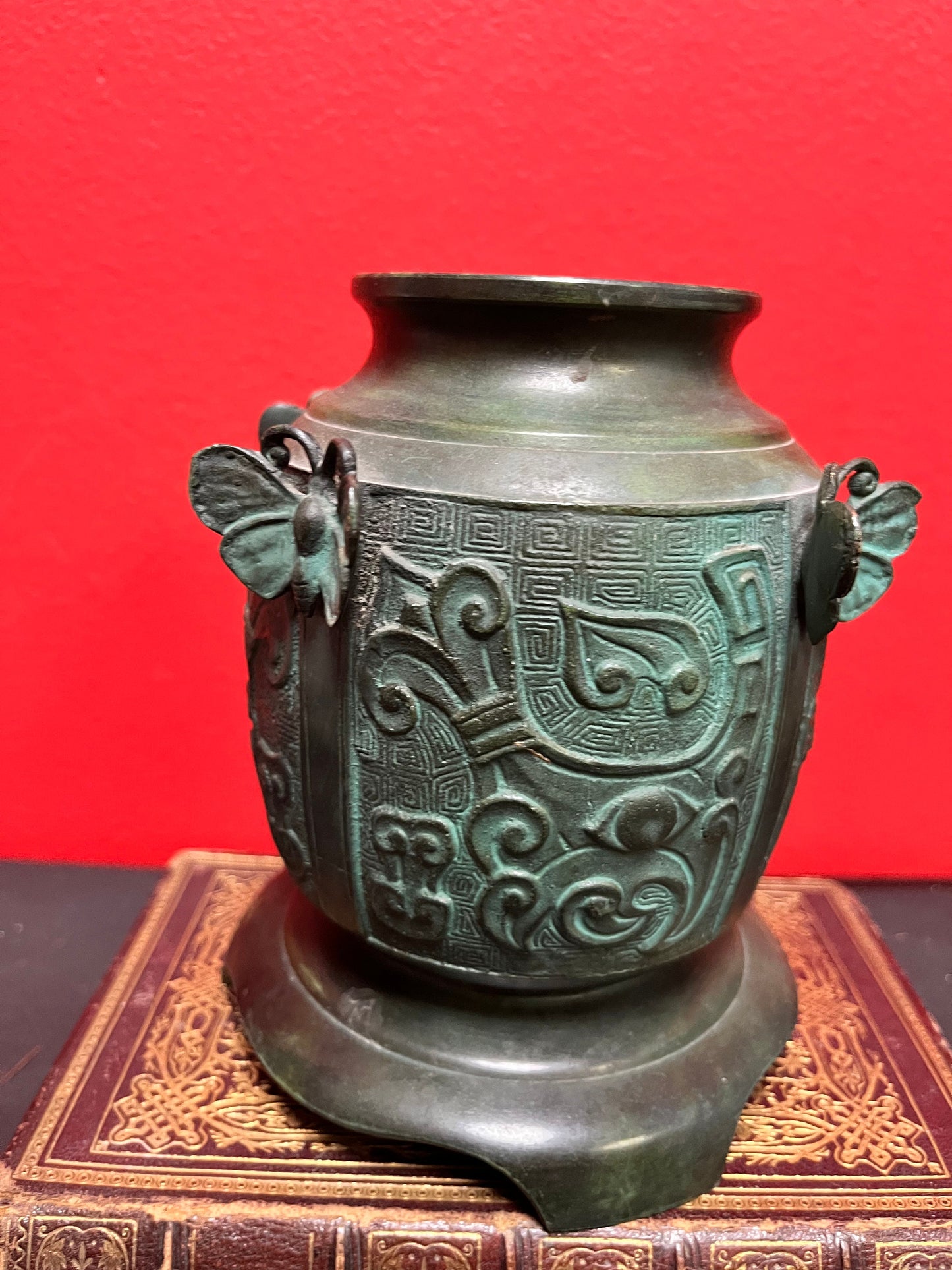 6 inch high Chinese bronze heavy butterfly decorated vase wonderful quality and Patina