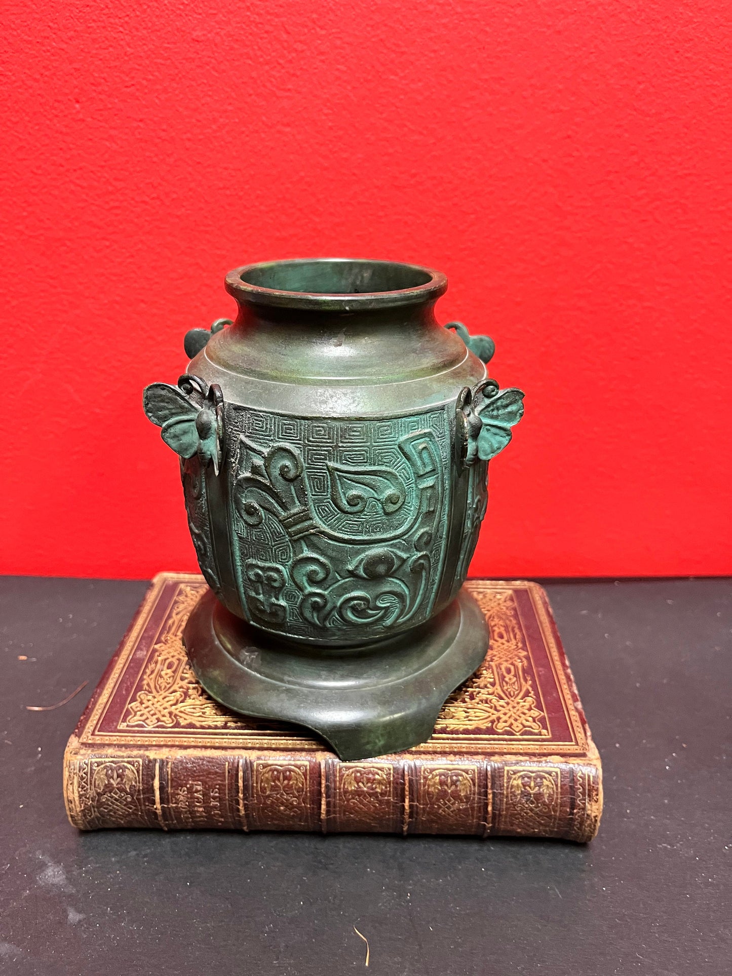 6 inch high Chinese bronze heavy butterfly decorated vase wonderful quality and Patina