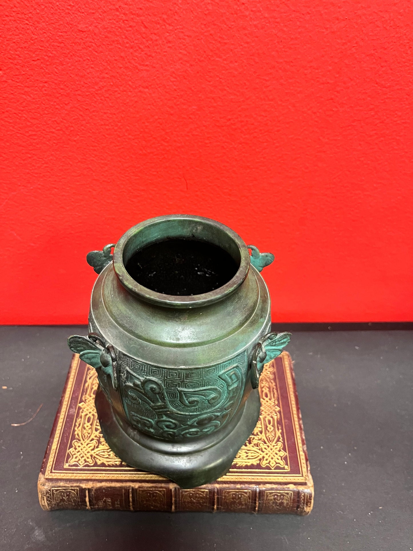 6 inch high Chinese bronze heavy butterfly decorated vase wonderful quality and Patina