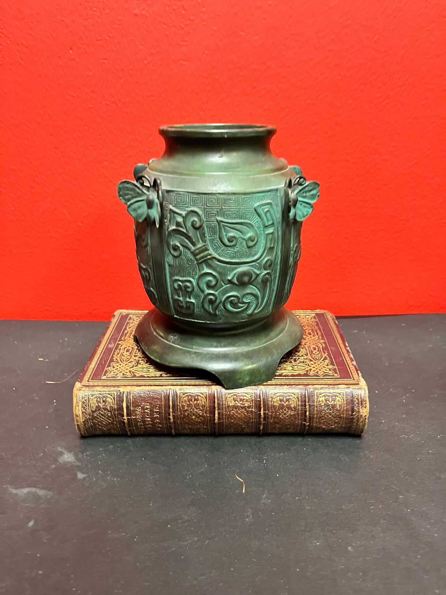 6 inch high Chinese bronze heavy butterfly decorated vase wonderful quality and Patina