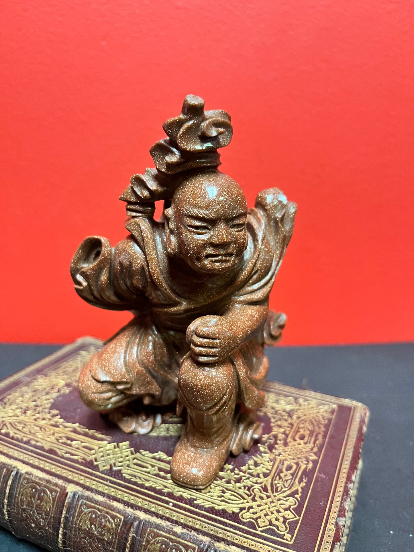 A Stunning 5 inch high Chinese, carved Italian moonstone statue of a fighting warrior with great detail rare and wonderful colour