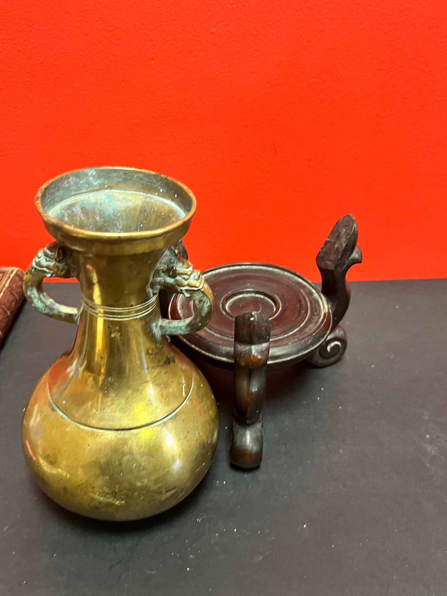 Spectacular antique Tibetan 18th century bronze vase on original wood stand vase 8 inches high and stand 5 inches high- wow