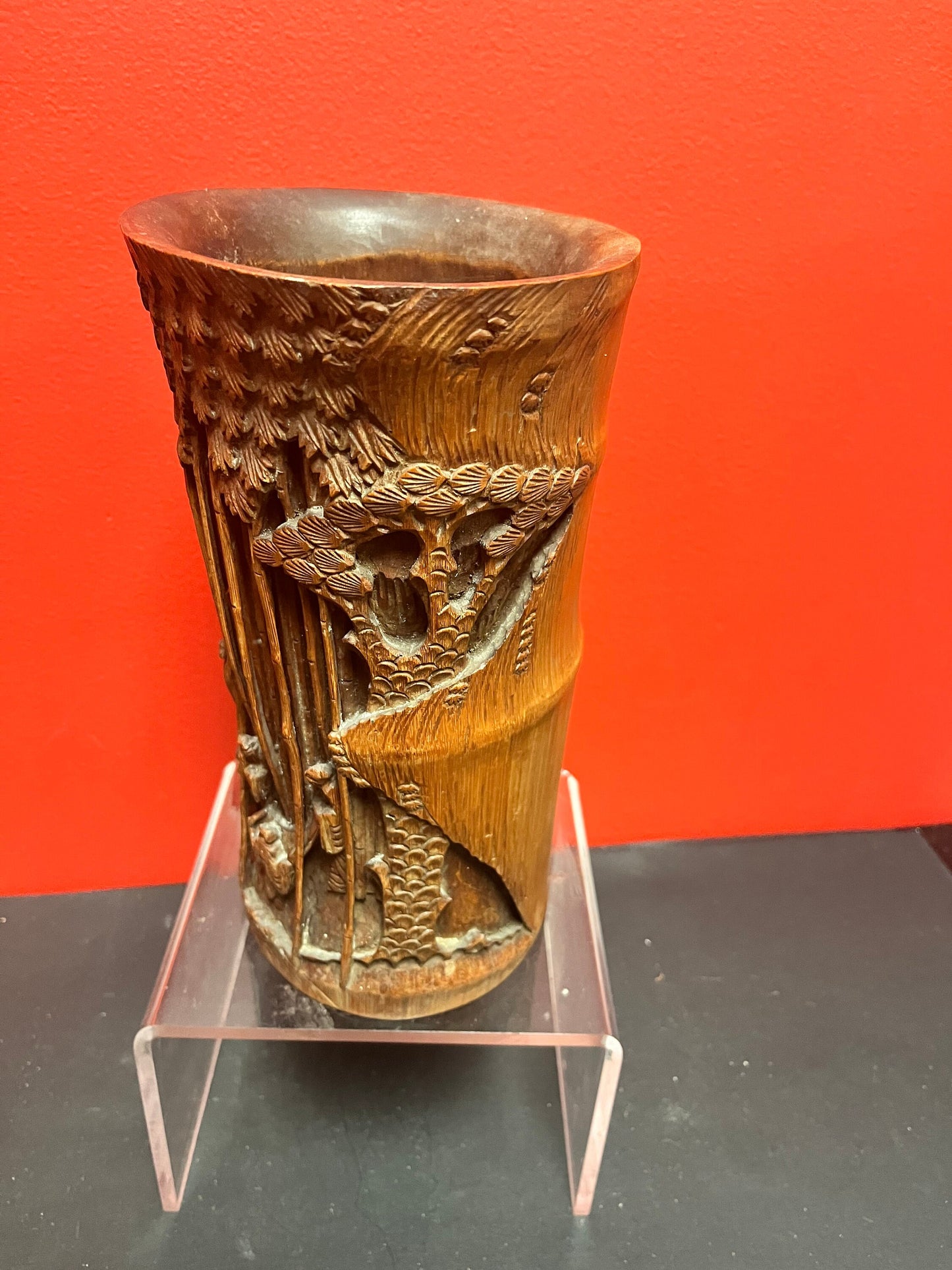 9 1/2 inch tall antique authentic 19 century bamboo hand carved brush pot - amazing condition and intense carving wow