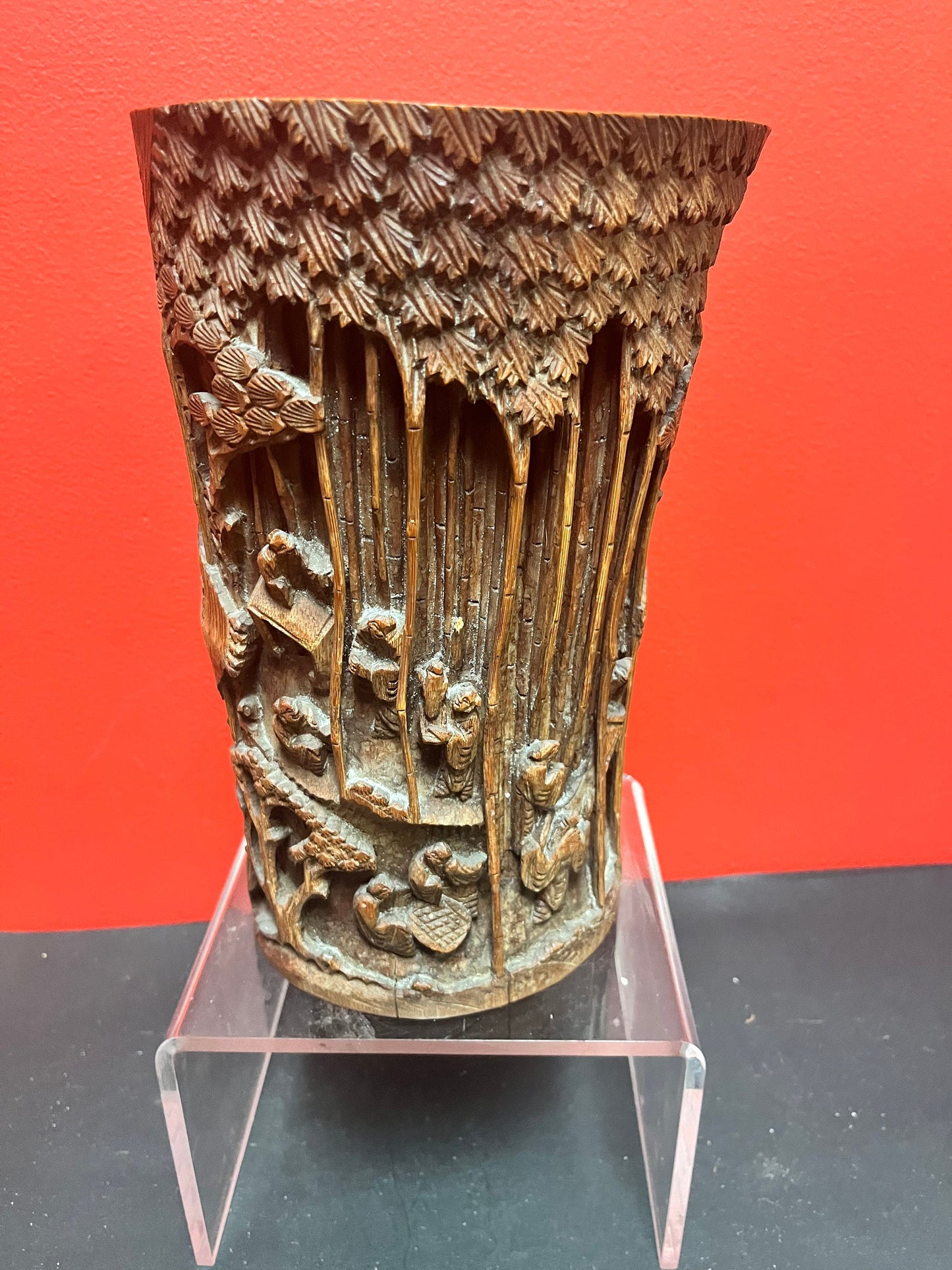 9 1/2 inch tall antique authentic 19 century bamboo hand carved brush pot - amazing condition and intense carving wow
