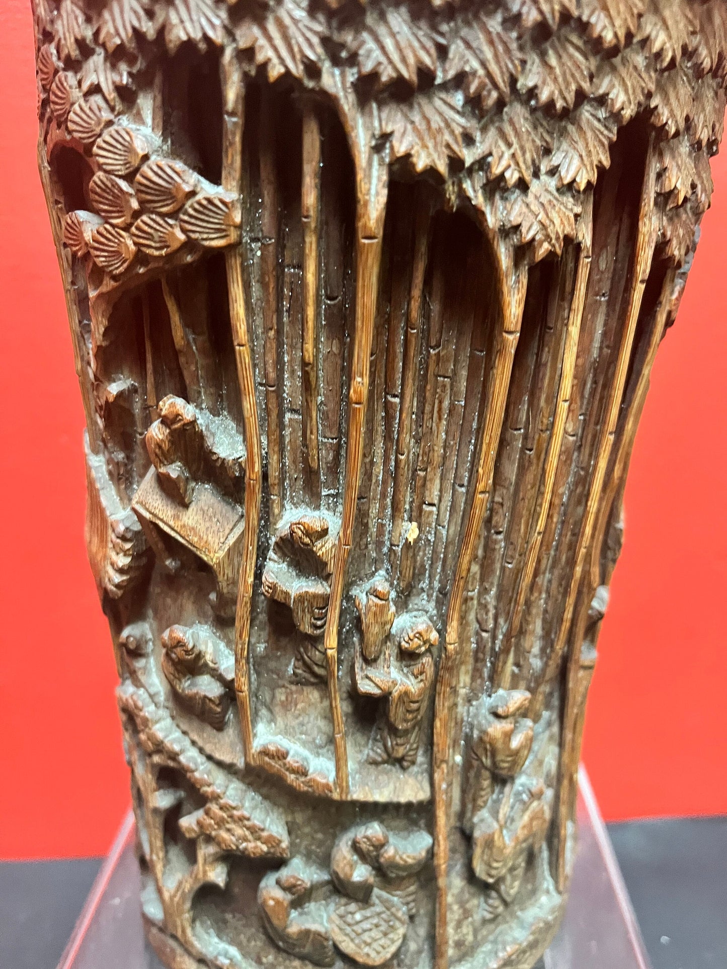 9 1/2 inch tall antique authentic 19 century bamboo hand carved brush pot - amazing condition and intense carving wow
