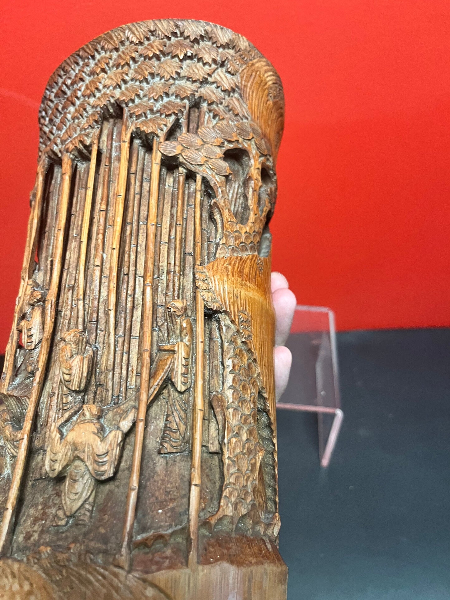 9 1/2 inch tall antique authentic 19 century bamboo hand carved brush pot - amazing condition and intense carving wow