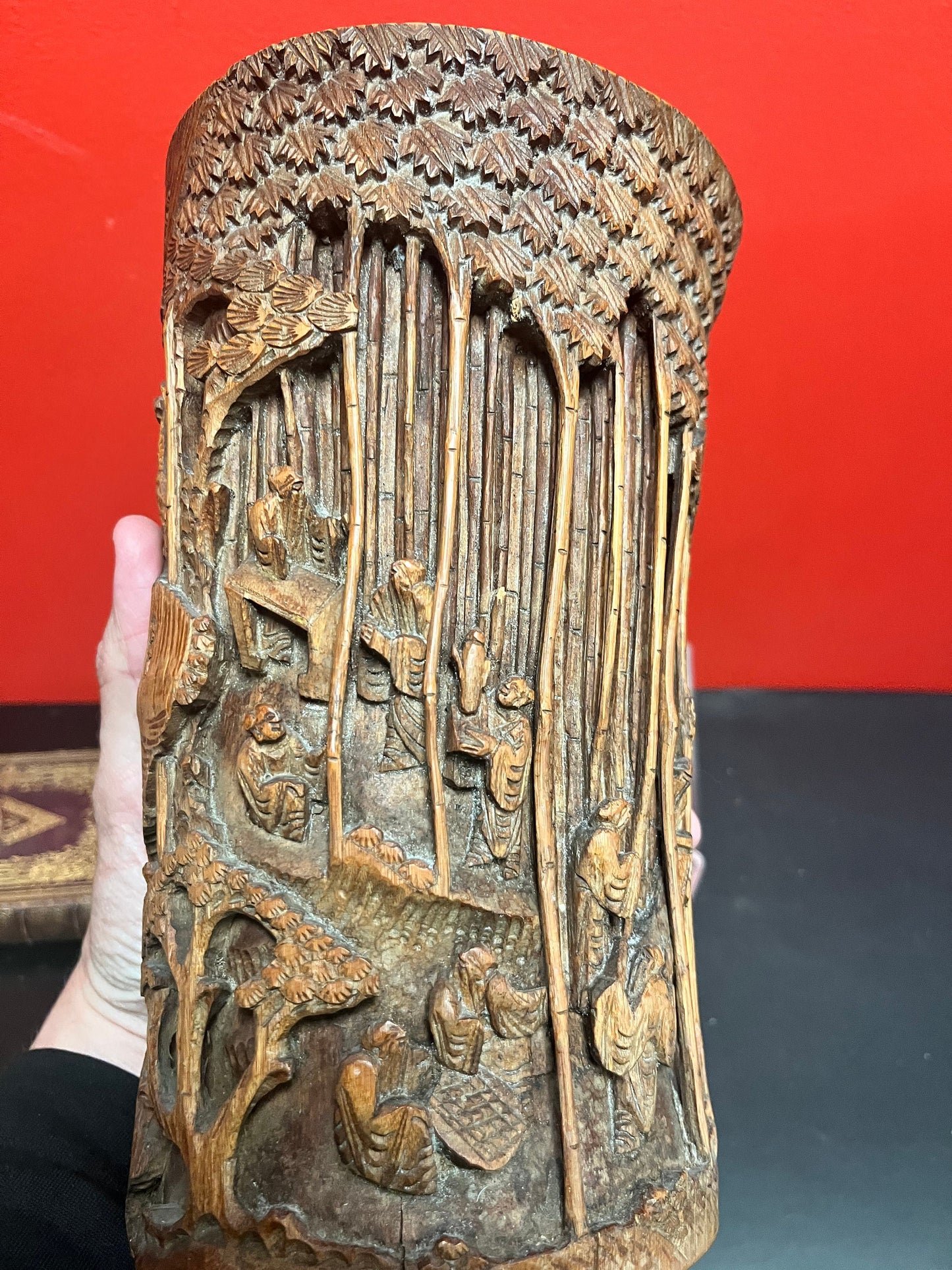 9 1/2 inch tall antique authentic 19 century bamboo hand carved brush pot - amazing condition and intense carving wow