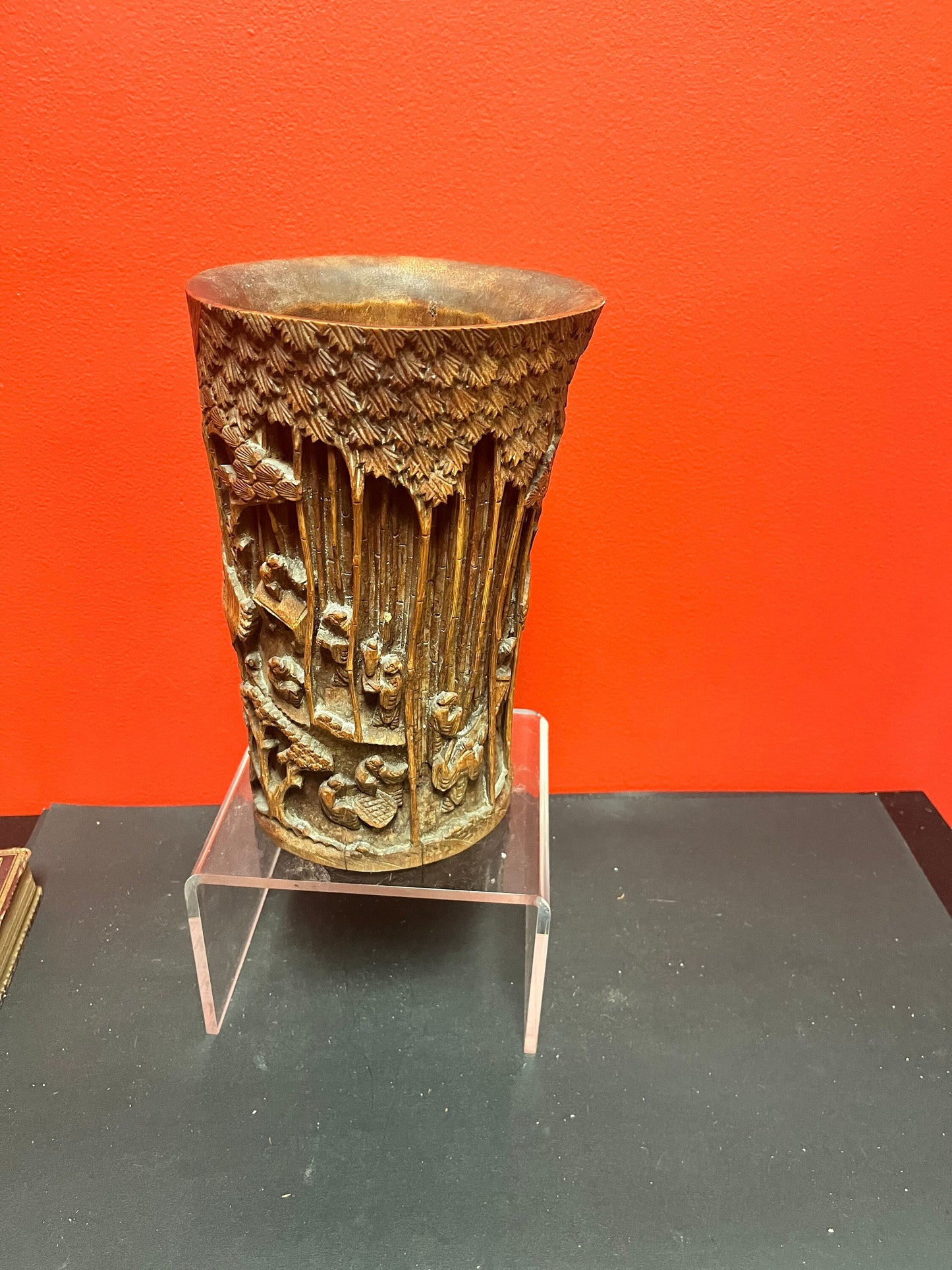 9 1/2 inch tall antique authentic 19 century bamboo hand carved brush pot - amazing condition and intense carving wow