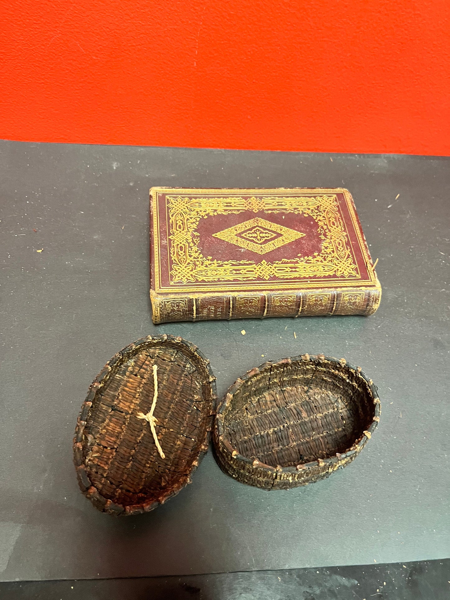 4 1/2 x 3 x 2 high antique unique indigenous First Nations bark basket hmm wow cool piece