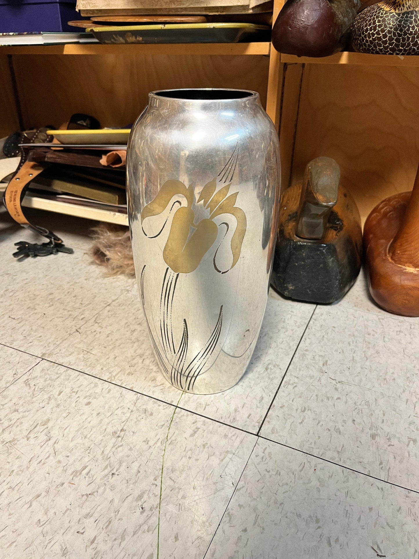 Fabulous 13 inch tall brass and silver plate WMF Ikora Iris vase one dent