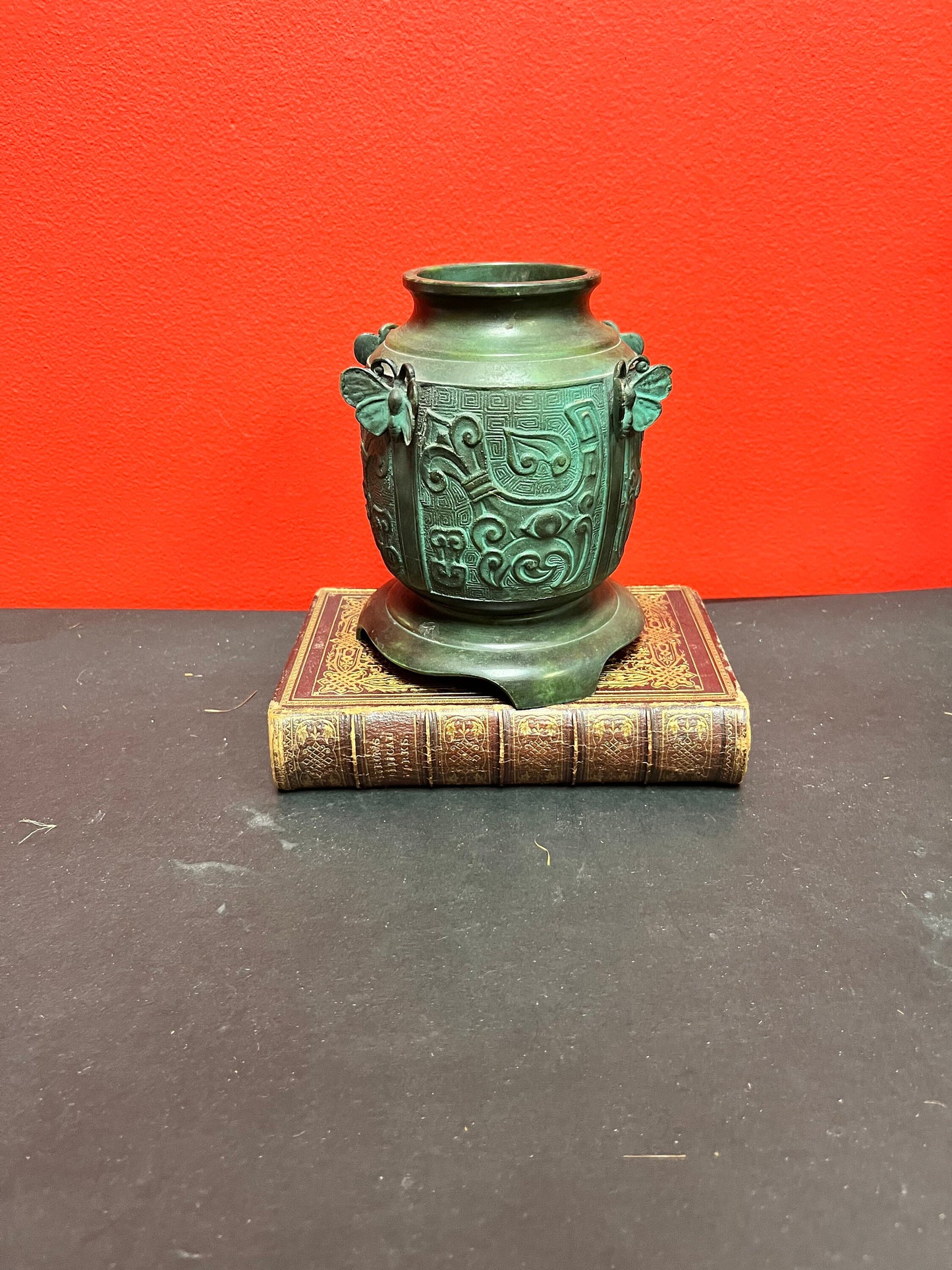 6 inch high Chinese bronze heavy butterfly decorated vase wonderful quality and Patina